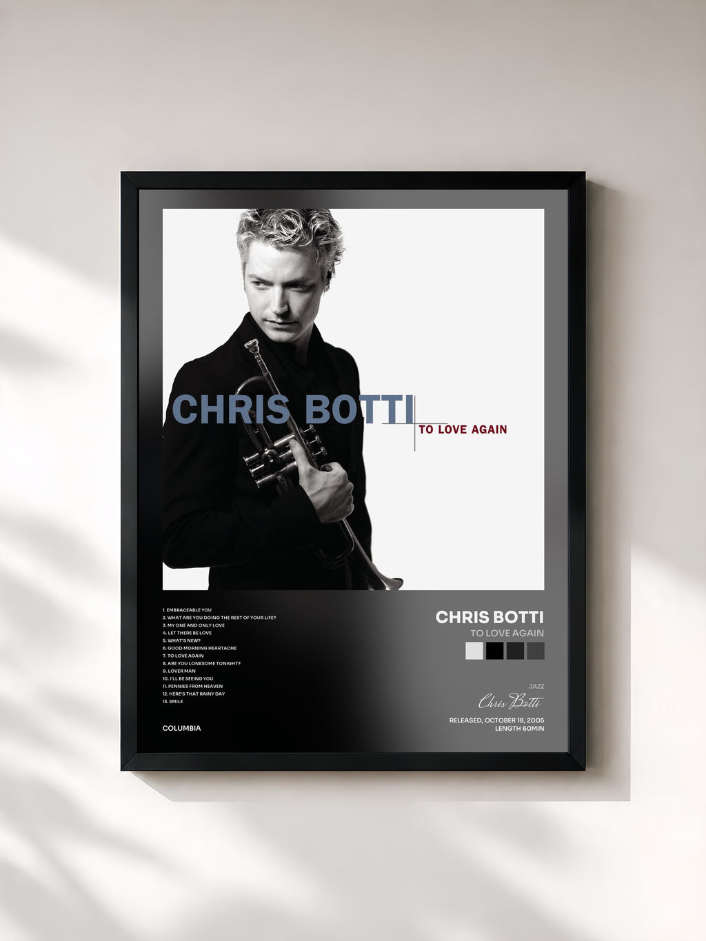 #noir Tableau de l'album To Love Again de Chris Botti, cadre noir, imprimé et encadré en France