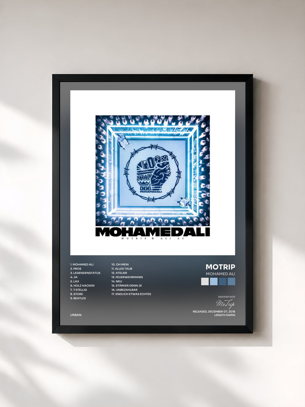 #noir Tableau de l'album Mohamed Ali de MoTrip, cadre noir, imprimé et encadré en France