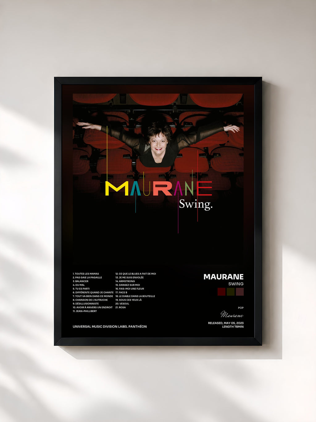 #noir Tableau de l'album Swing de Maurane, cadre noir, imprimé et encadré en France