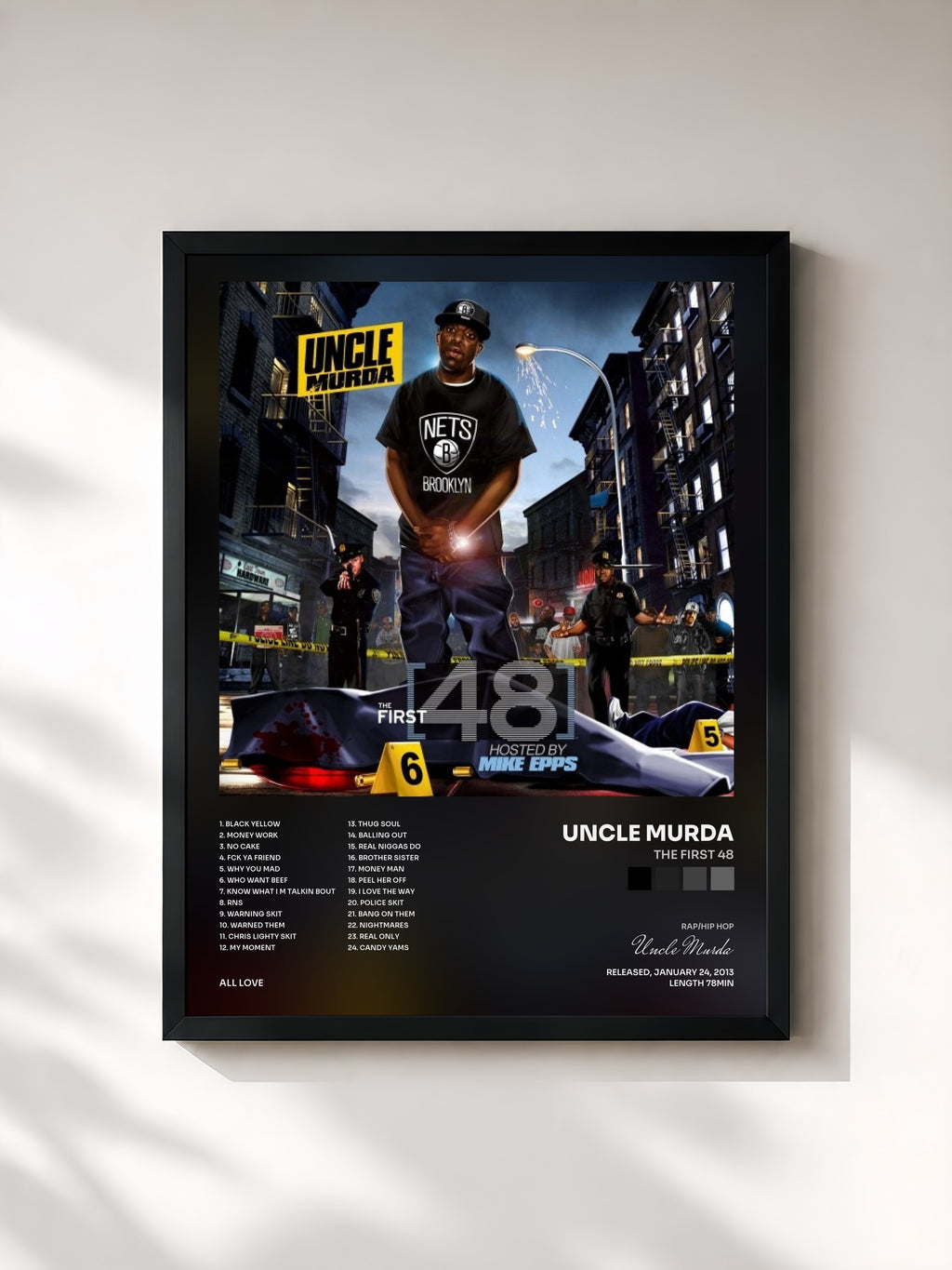 #noir Tableau de l'album The First 48 de Uncle Murda, cadre noir, imprimé et encadré en France