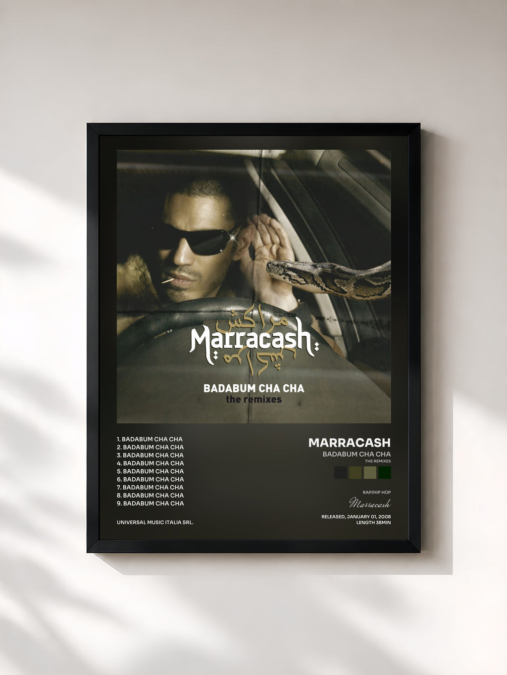 #noir Tableau de l'album Badabum Cha Cha (The Remixes) de Marracash, cadre noir, imprimé et encadré en France