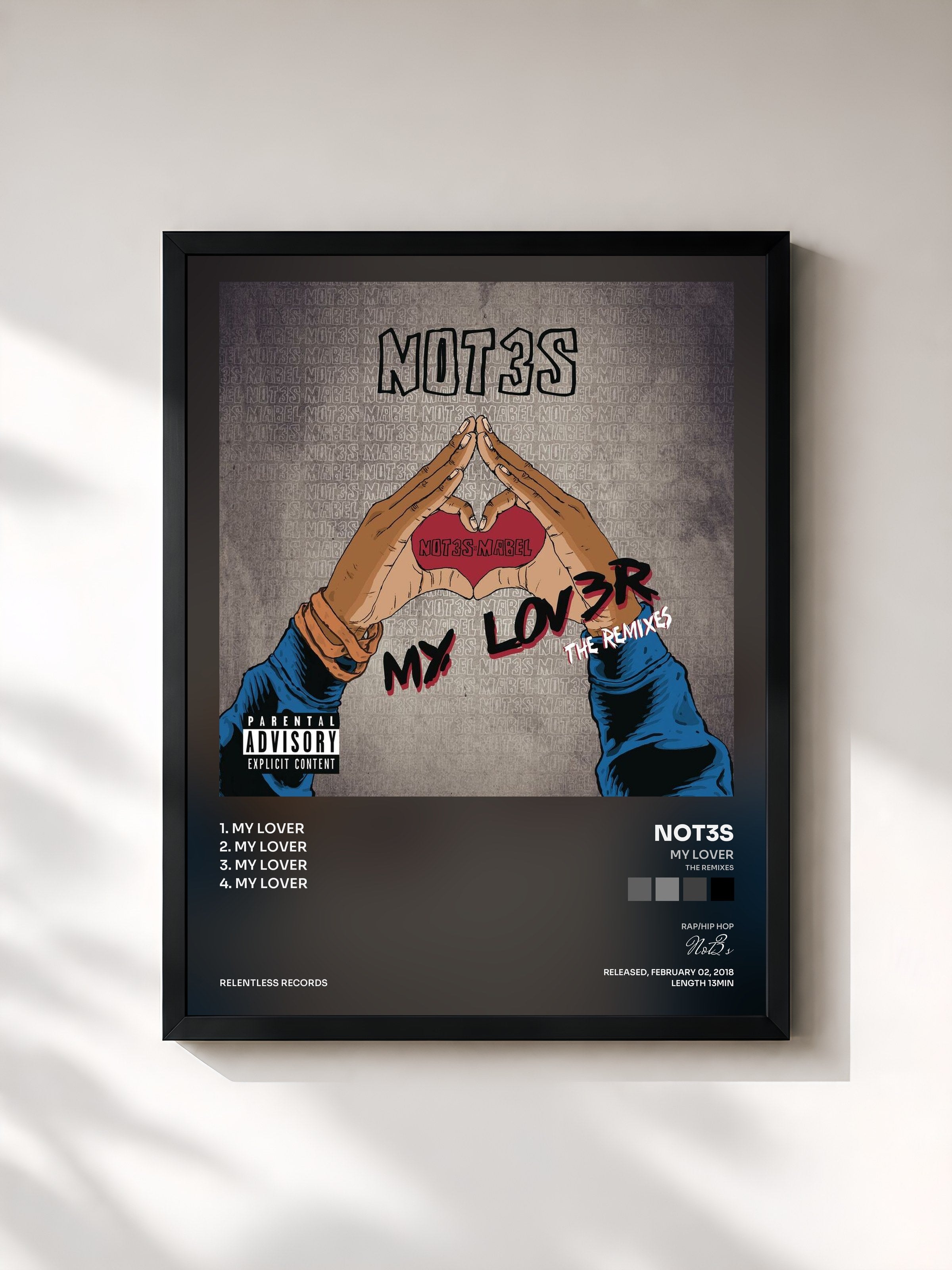 #noir Tableau de l'album My Lover (The Remixes) de Not3s, cadre noir, imprimé et encadré en France