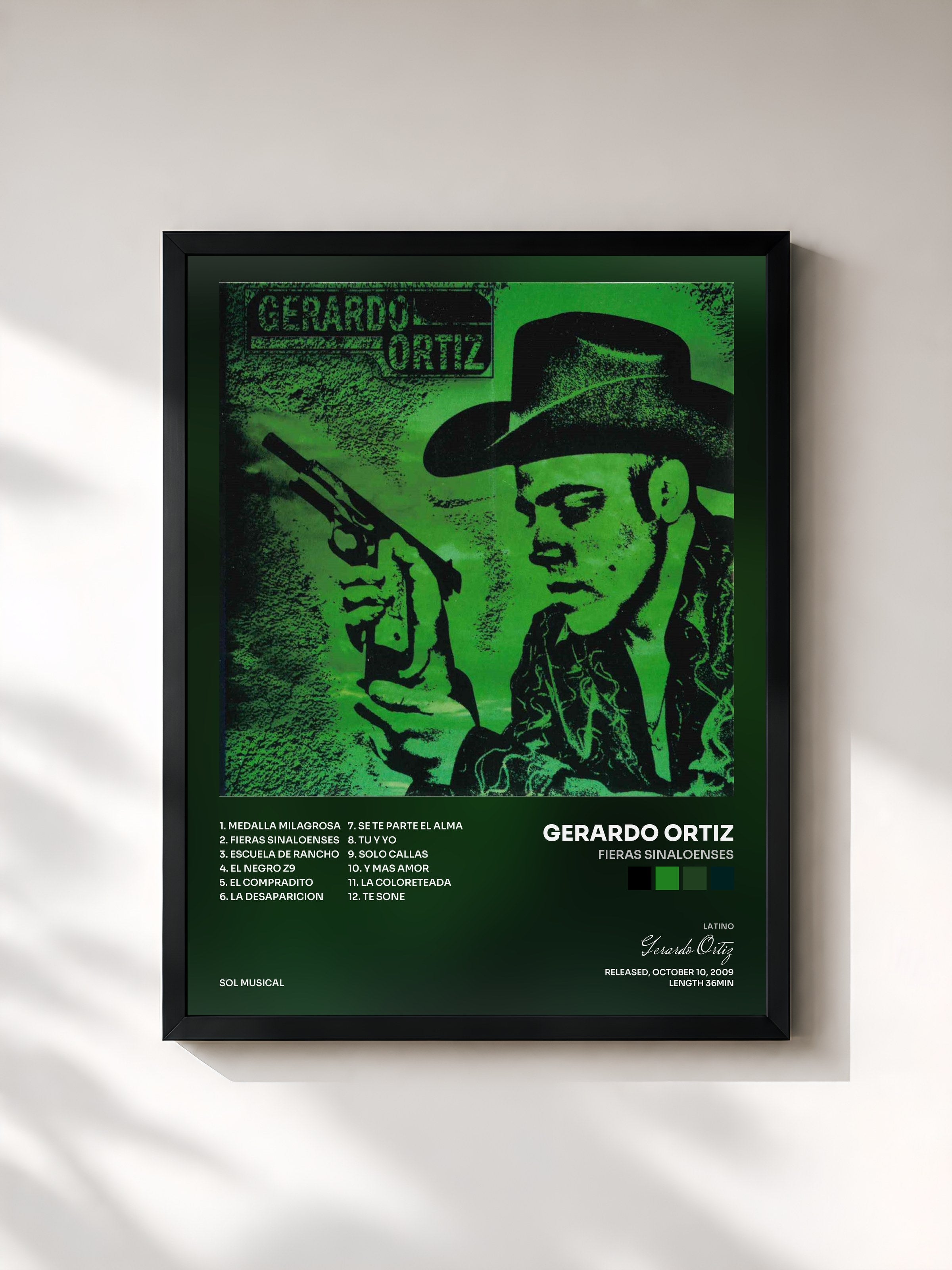 #noir Tableau de l'album Fieras Sinaloenses de Gerardo Ortiz, cadre noir, imprimé et encadré en France