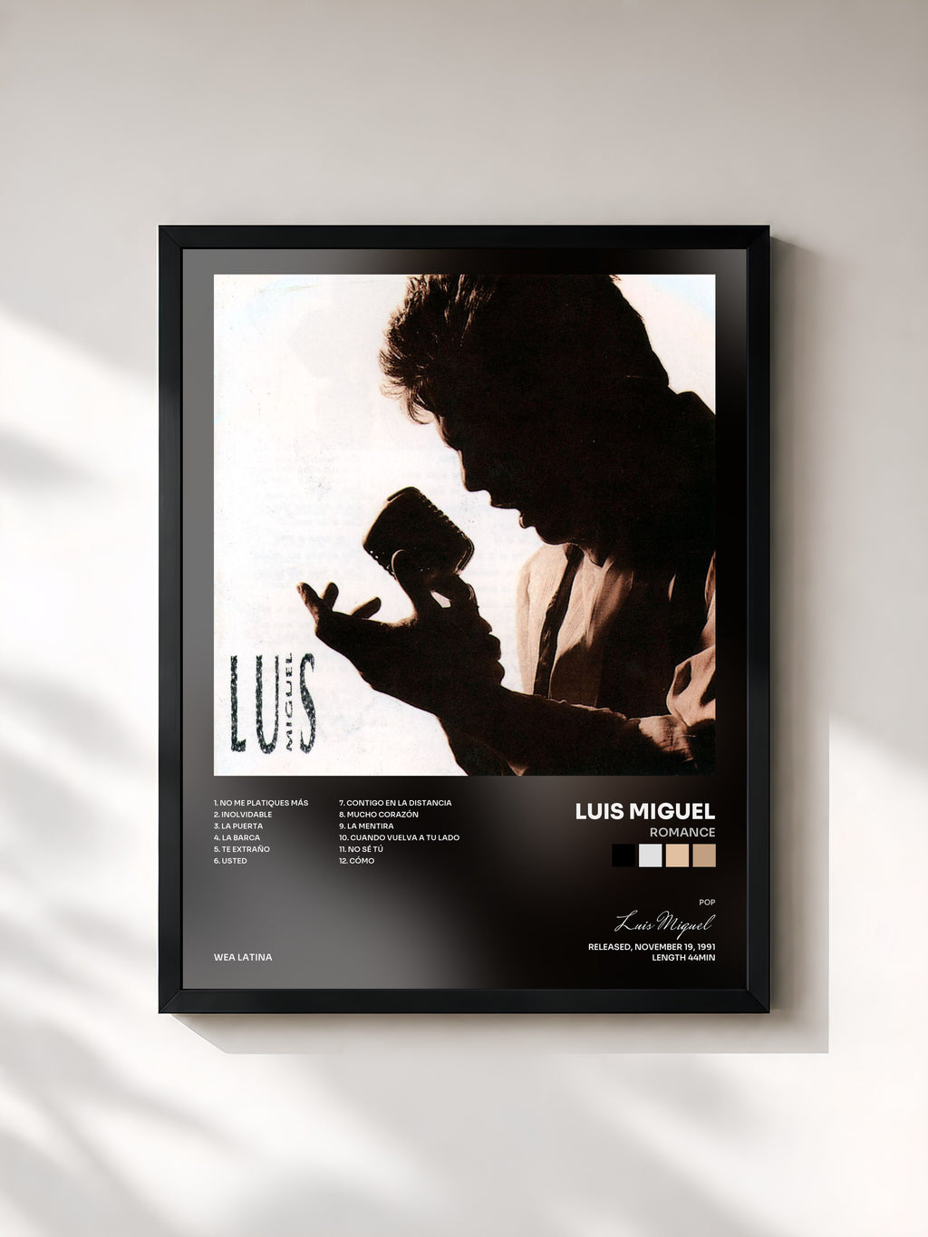 #noir Tableau de l'album Romance de Luis Miguel, cadre noir, imprimé et encadré en France