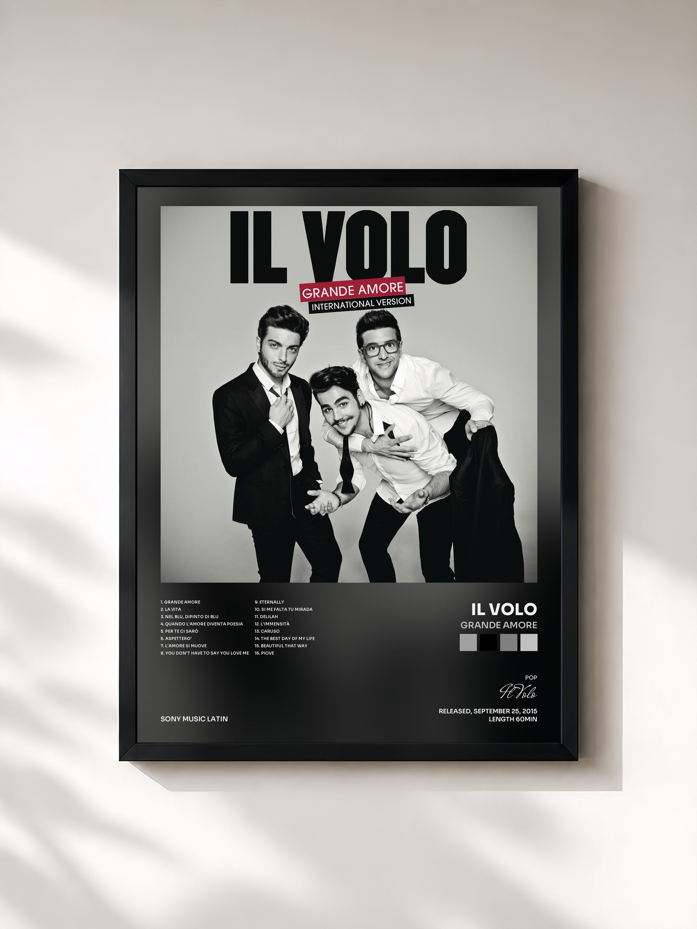 #noir Tableau de l'album Grande amore de Il Volo, cadre noir, imprimé et encadré en France