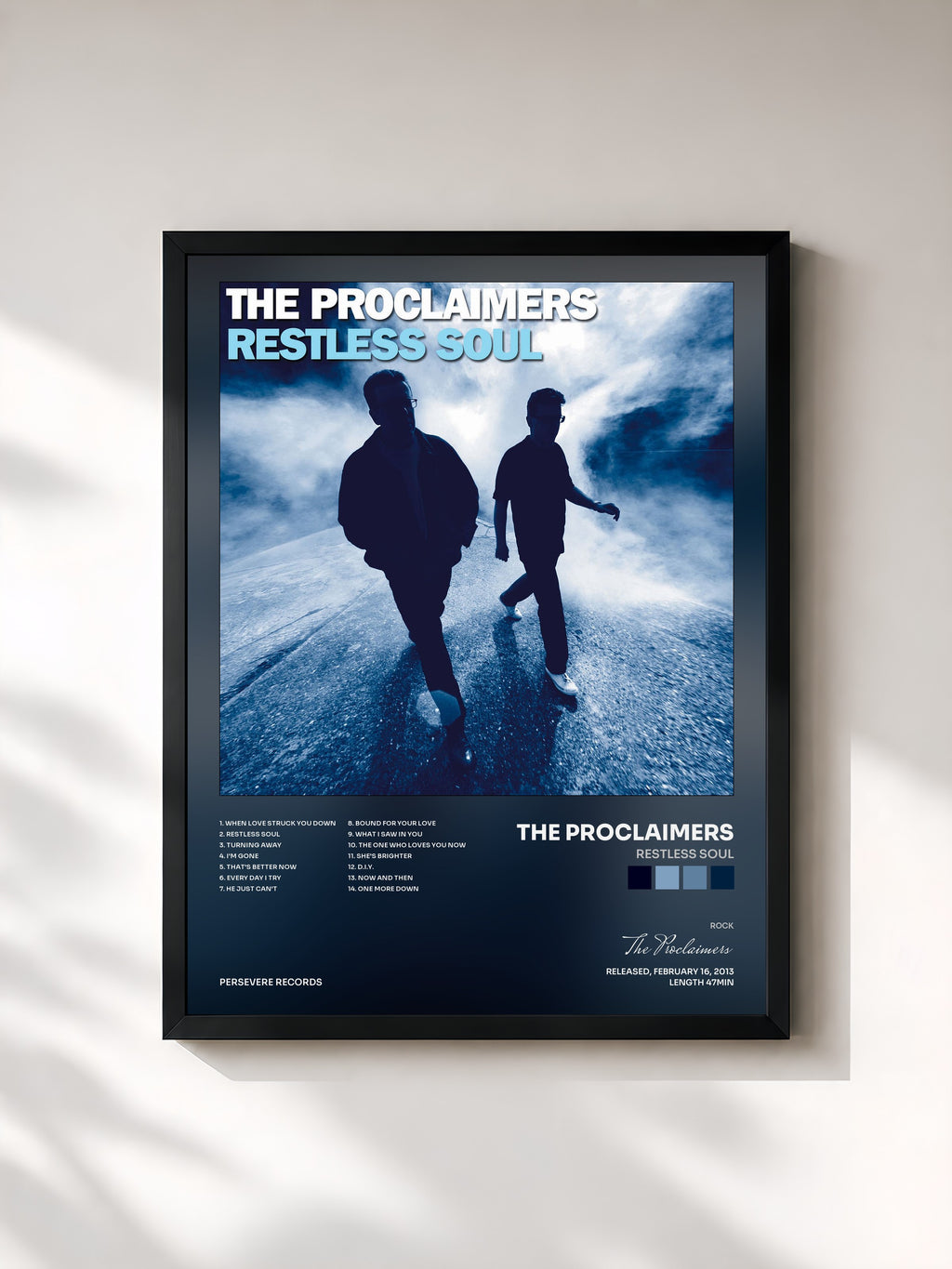 #noir Tableau de l'album Restless Soul de The Proclaimers, cadre noir, imprimé et encadré en France