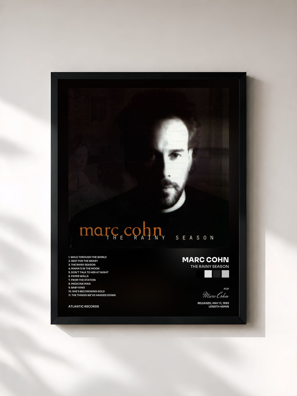 #noir Tableau de l'album The Rainy Season de Marc Cohn, cadre noir, imprimé et encadré en France
