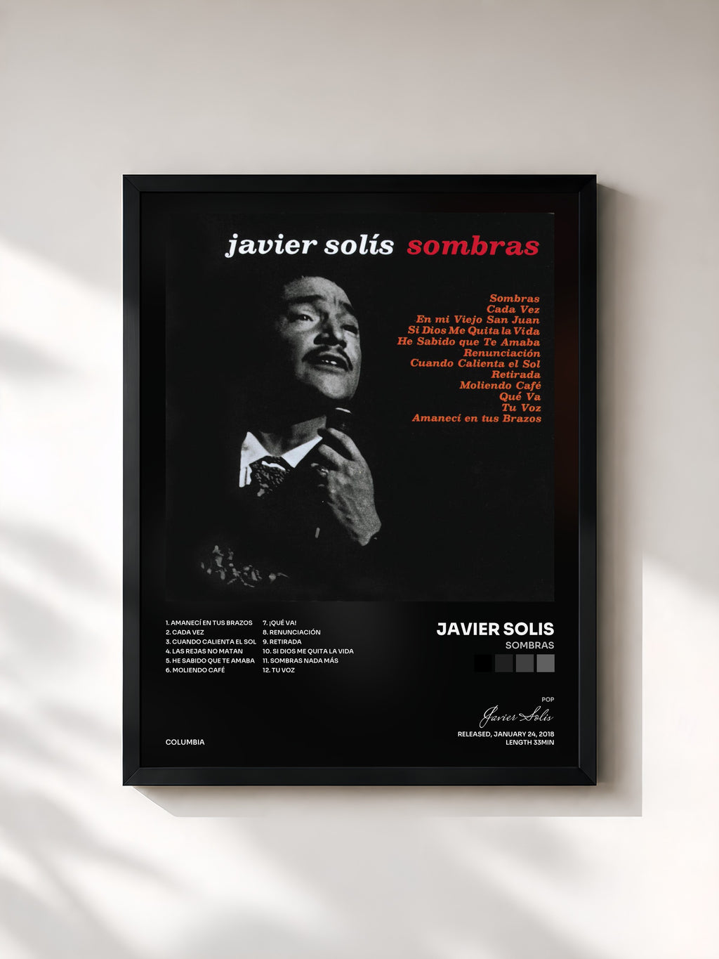 #noir Tableau de l'album Sombras de Javier Solis, cadre noir, imprimé et encadré en France
