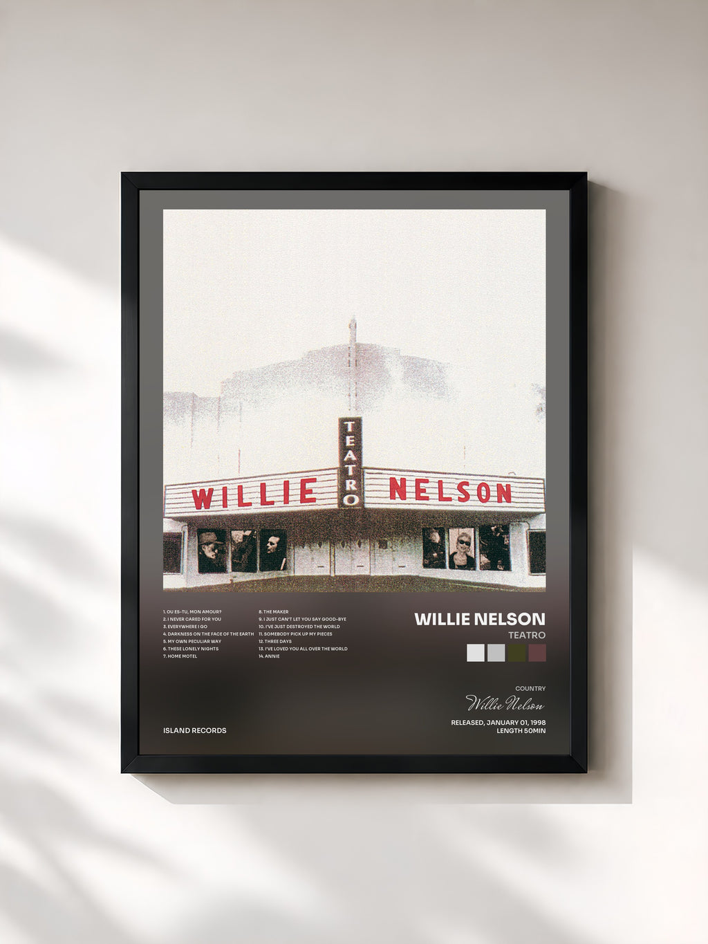 #noir Tableau de l'album Teatro de Willie Nelson, cadre noir, imprimé et encadré en France