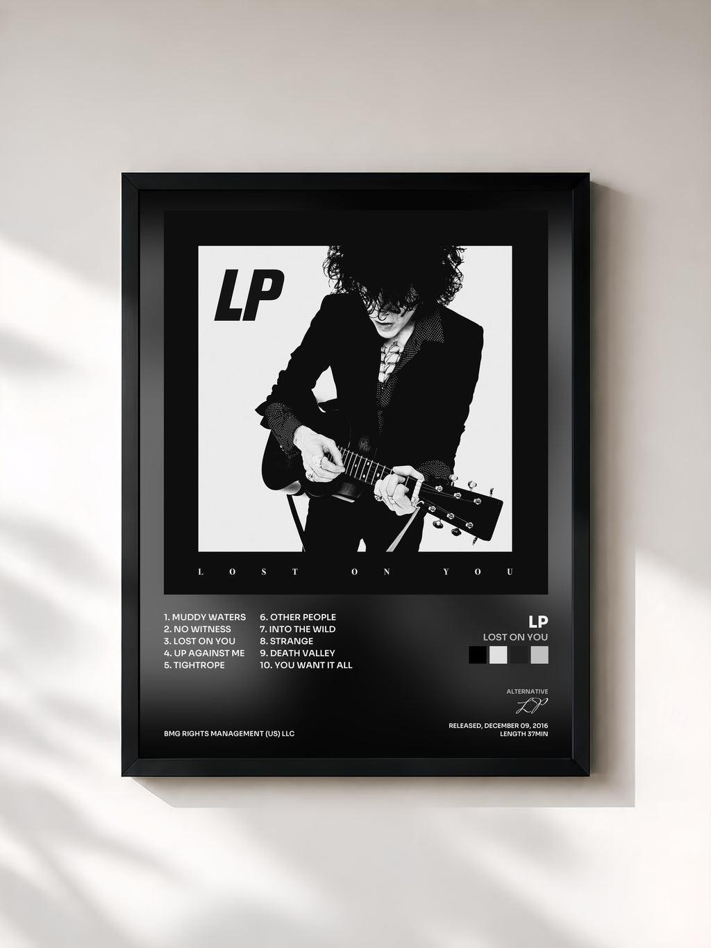 #noir Tableau de l'album Lost On You de LP, cadre noir, imprimé et encadré en France