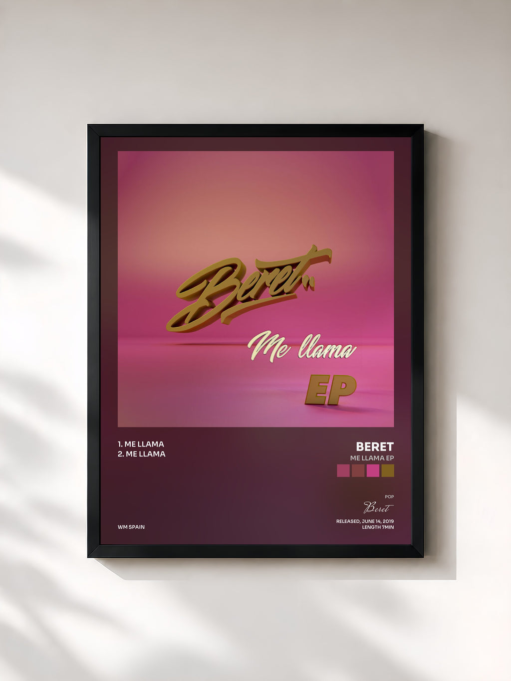 #noir Tableau de l'album Me llama EP de Beret, cadre noir, imprimé et encadré en France