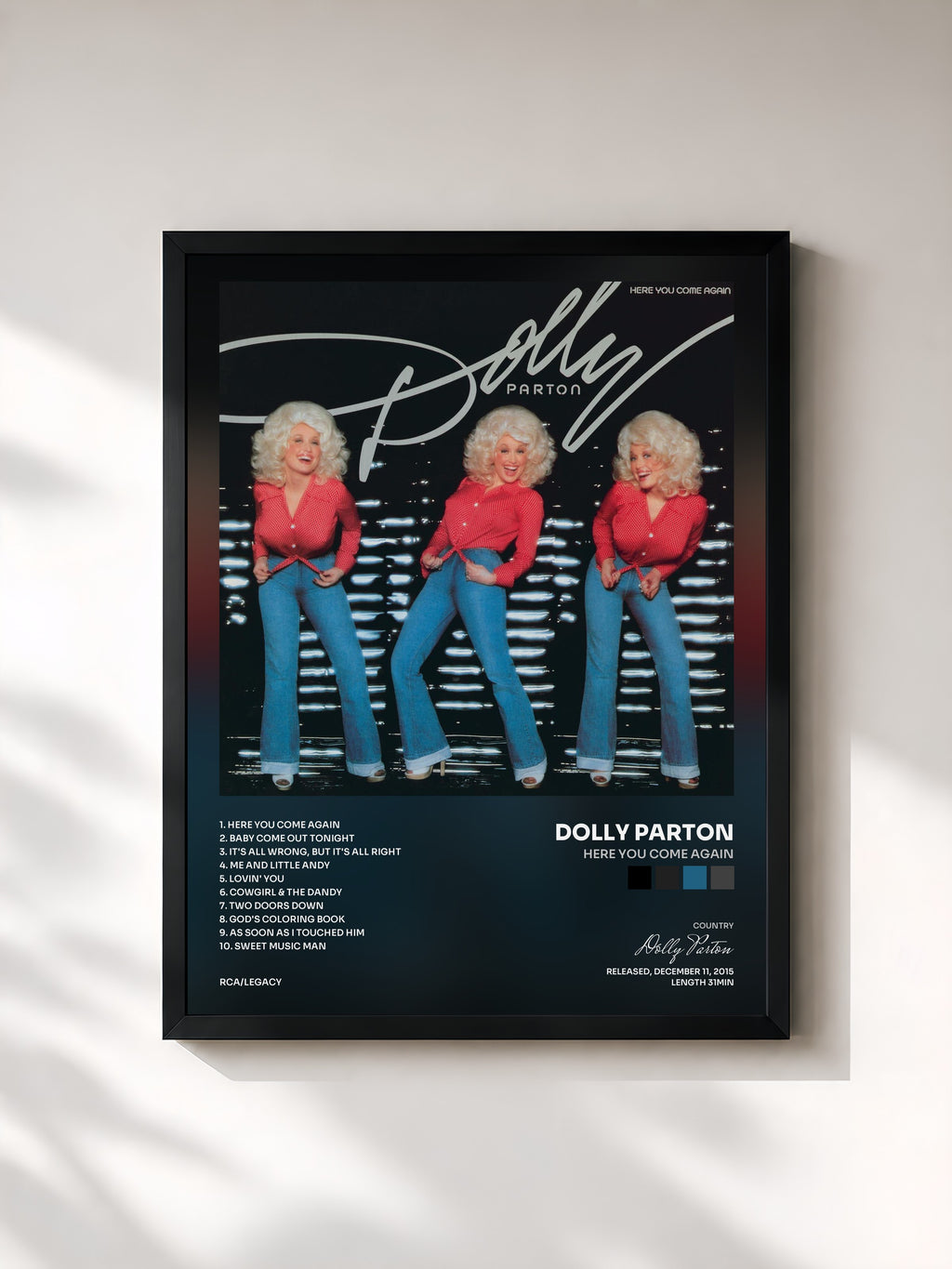 #noir Tableau de l'album Here You Come Again de Dolly Parton, cadre noir, imprimé et encadré en France