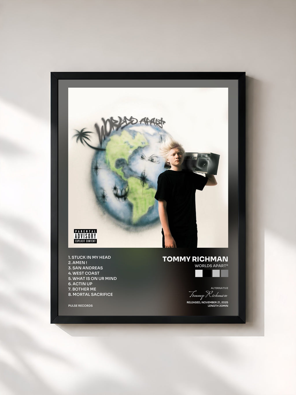 #noir Tableau de l'album WORLDS APART* de Tommy Richman, cadre noir, imprimé et encadré en France