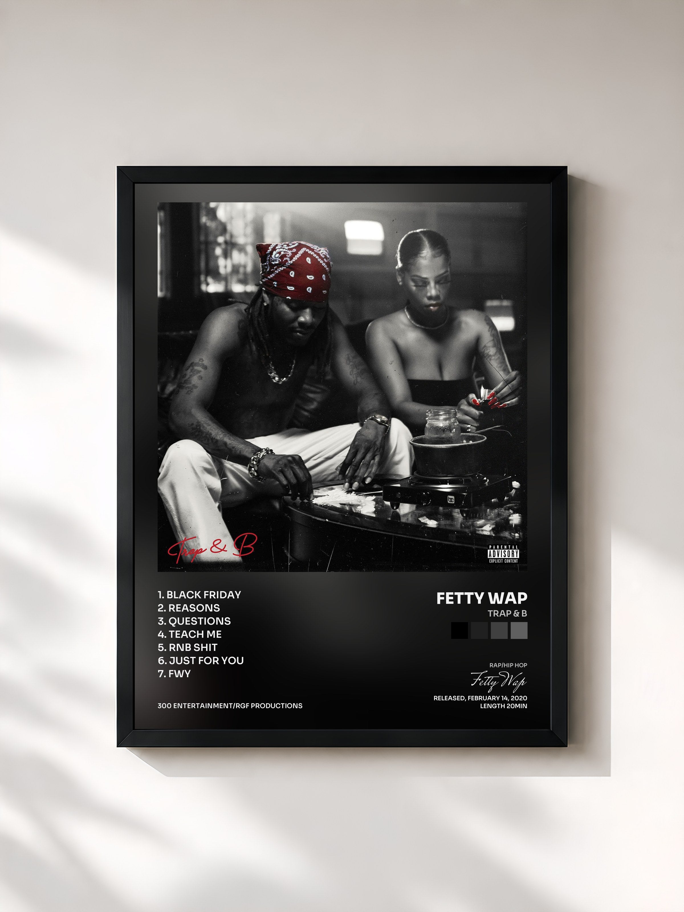 #noir Tableau de l'album Trap & B de Fetty Wap, cadre noir, imprimé et encadré en France