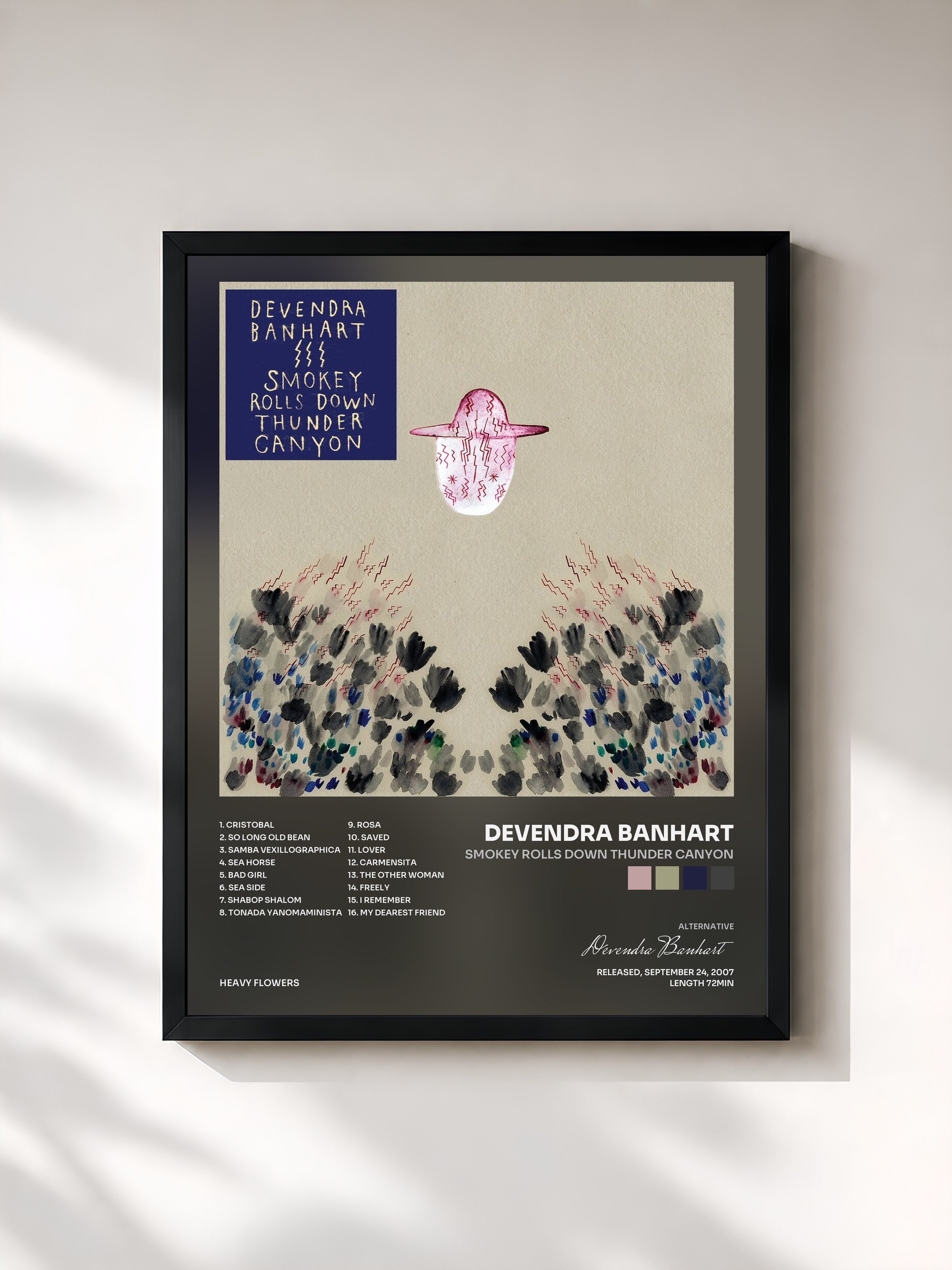 #noir Tableau de l'album Smokey Rolls Down Thunder Canyon de Devendra Banhart, cadre noir, imprimé et encadré en France