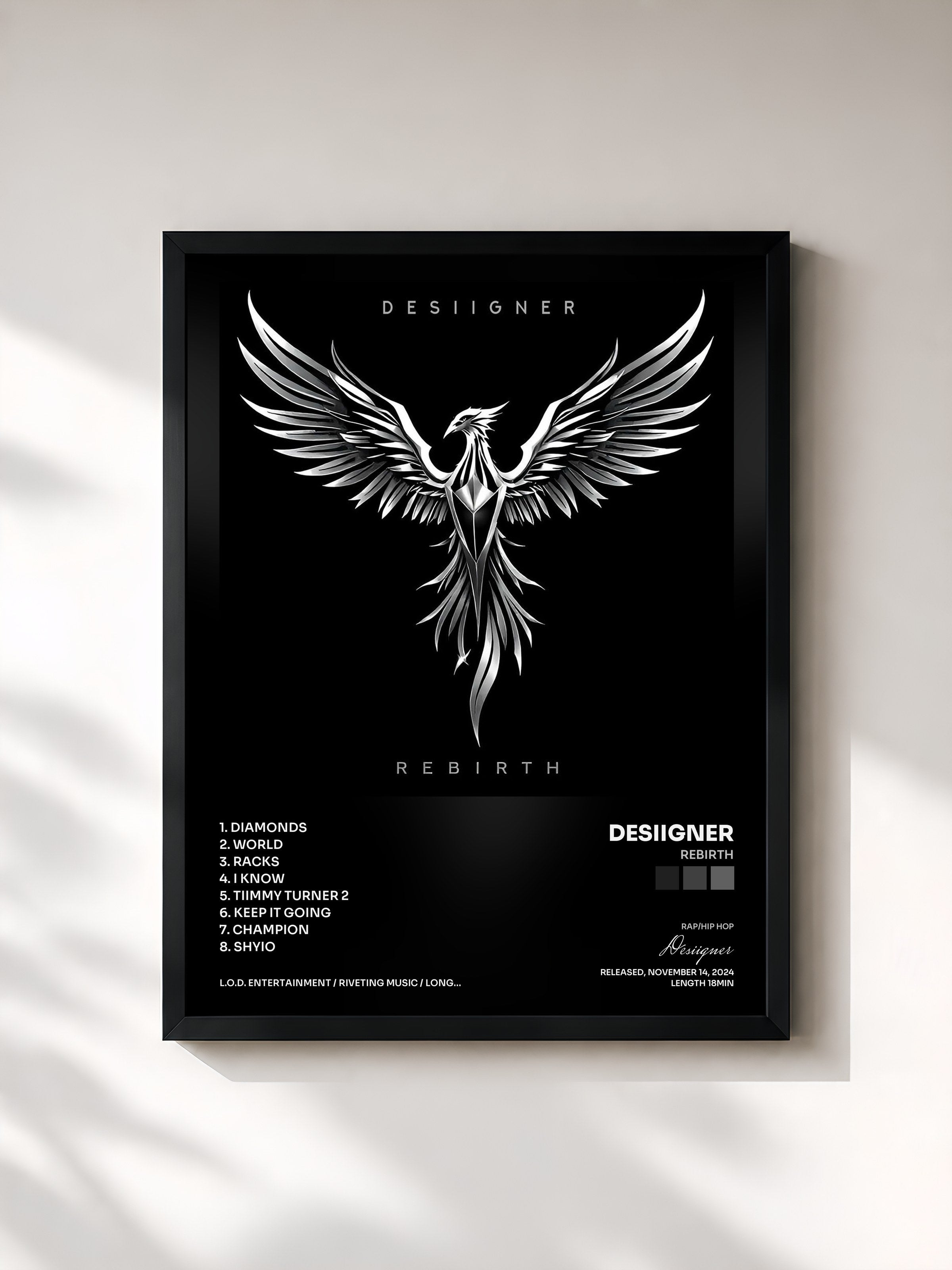 #noir Tableau de l'album Rebirth de Desiigner, cadre noir, imprimé et encadré en France