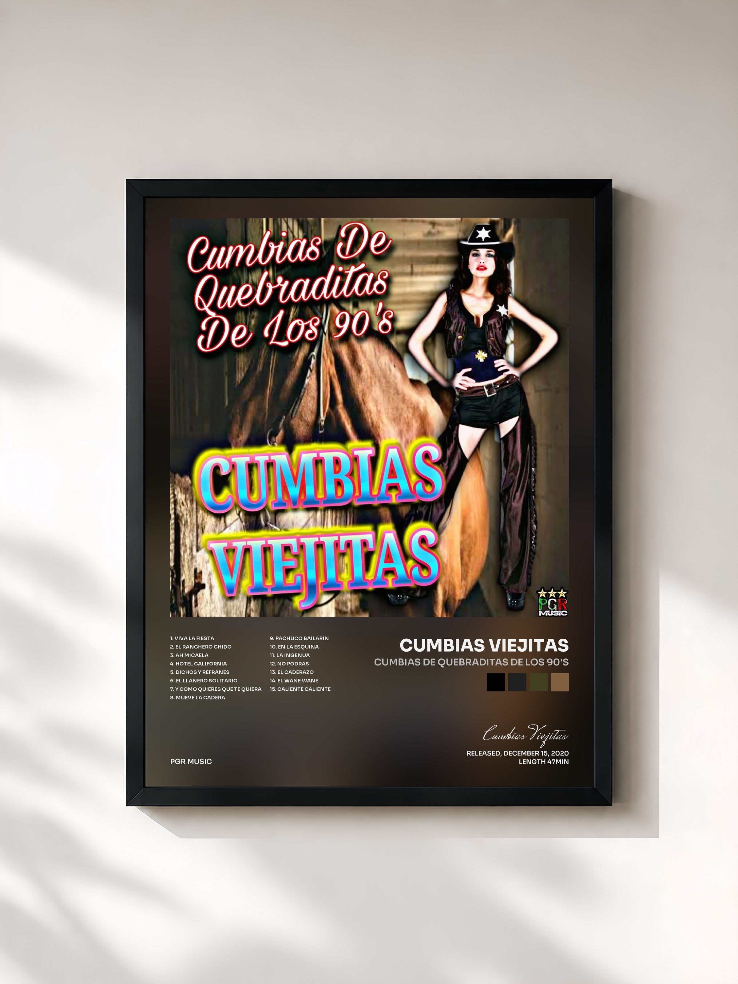 #noir Tableau de l'album Cumbias De Quebraditas De Los 90's de Cumbias Viejitas, cadre noir, imprimé et encadré en France