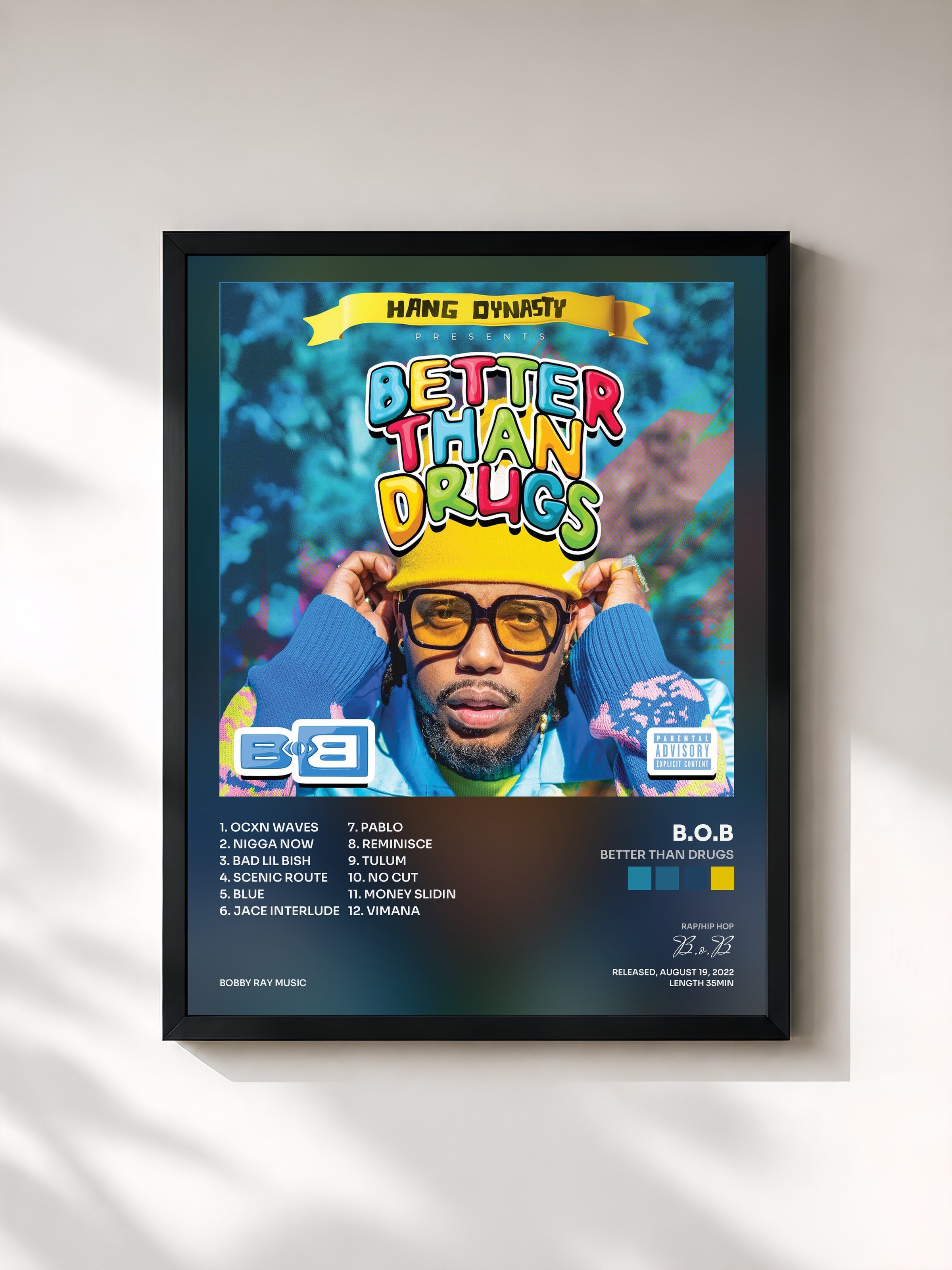#noir Tableau de l'album Better Than Drugs de B.o.B, cadre noir, imprimé et encadré en France
