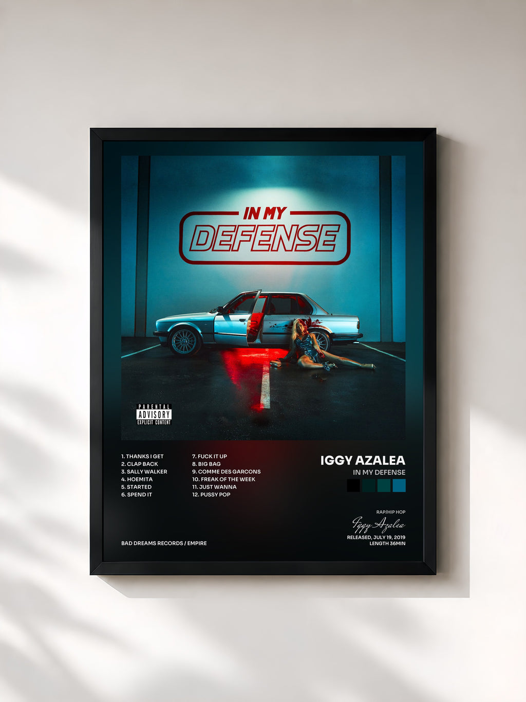 #noir Tableau de l'album In My Defense de Iggy Azalea, cadre noir, imprimé et encadré en France