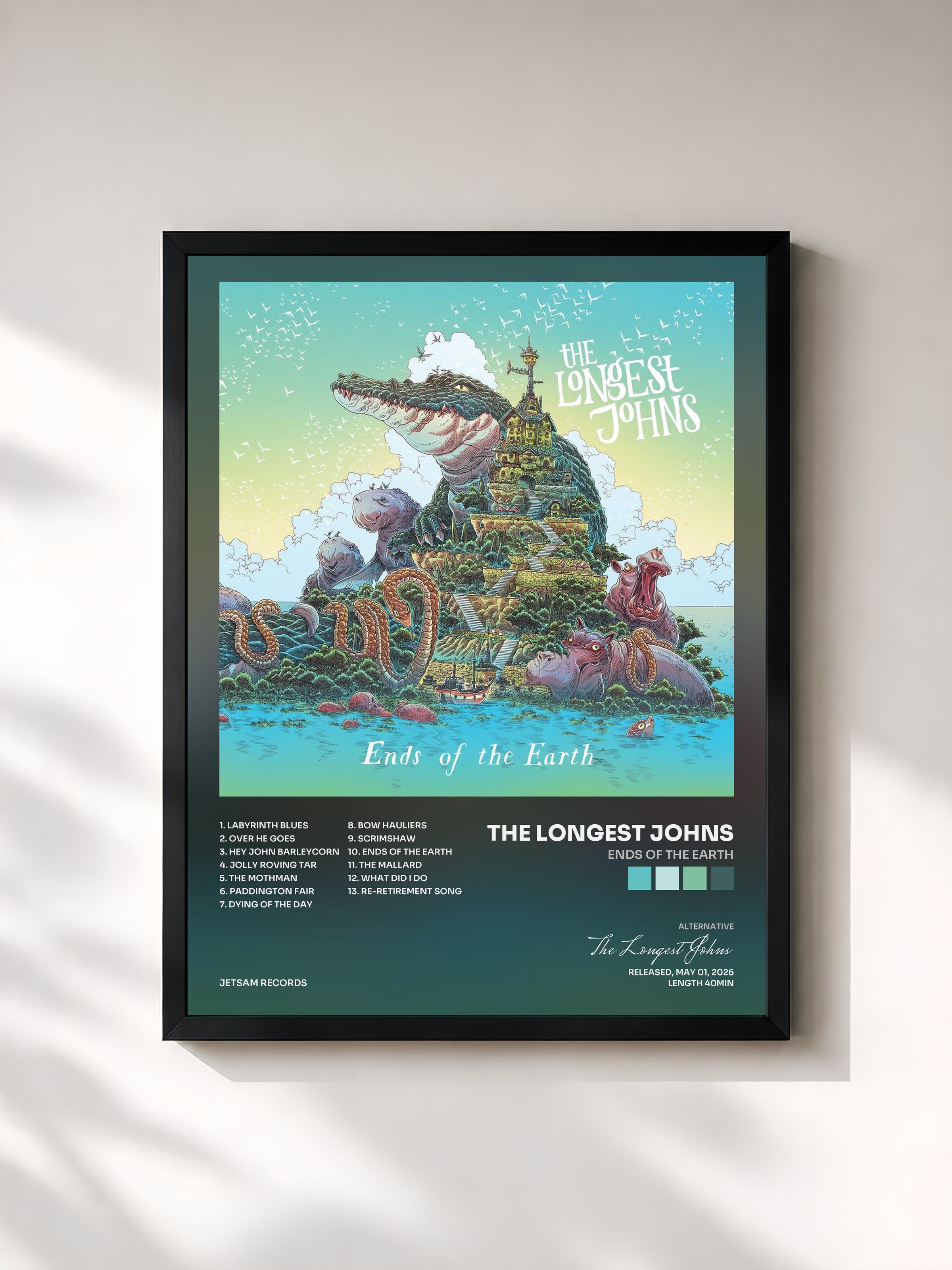 #noir Tableau de l'album Ends of the Earth de The Longest Johns, cadre noir, imprimé et encadré en France