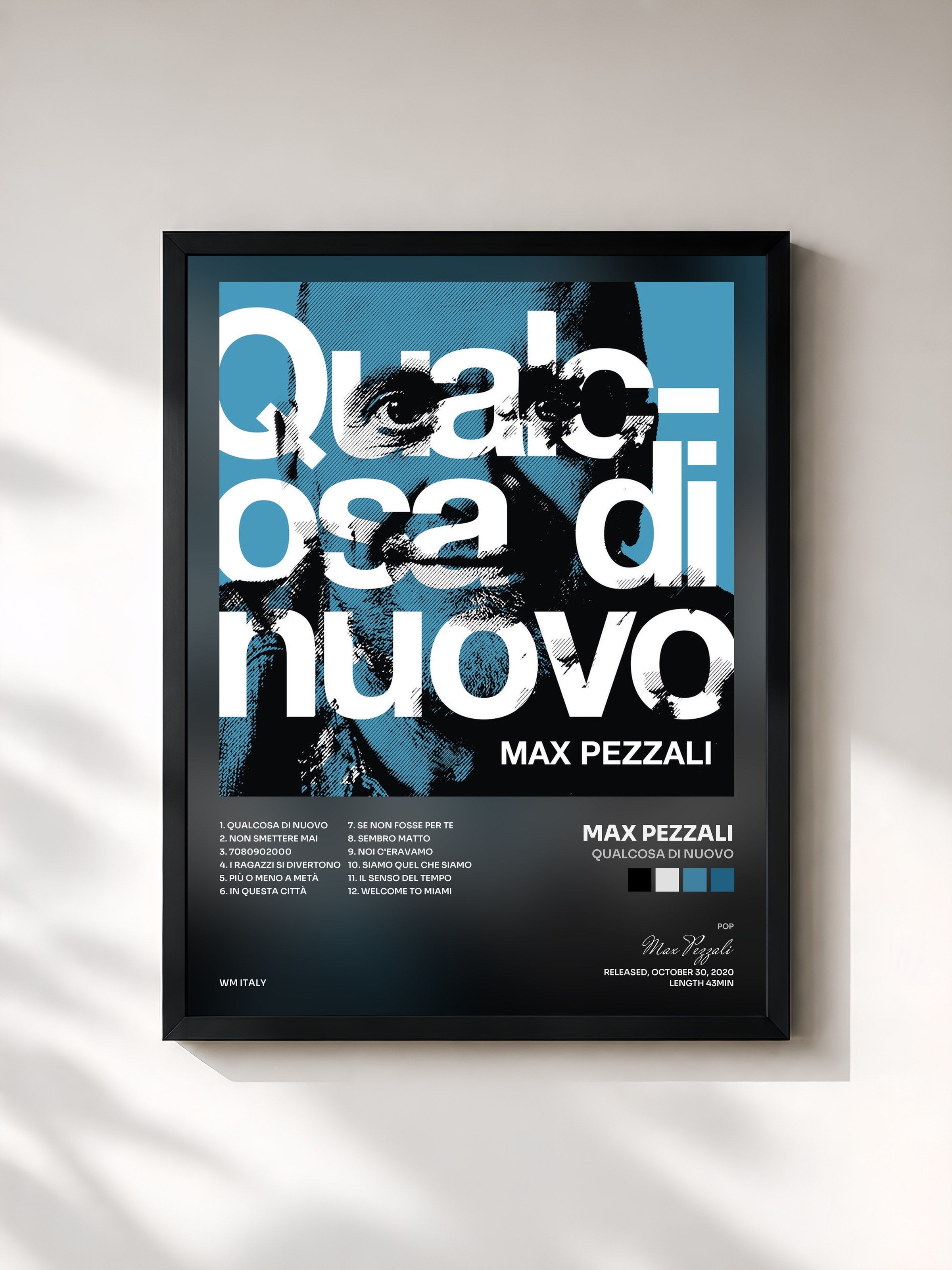 #noir Tableau de l'album Qualcosa di nuovo de Max Pezzali, cadre noir, imprimé et encadré en France