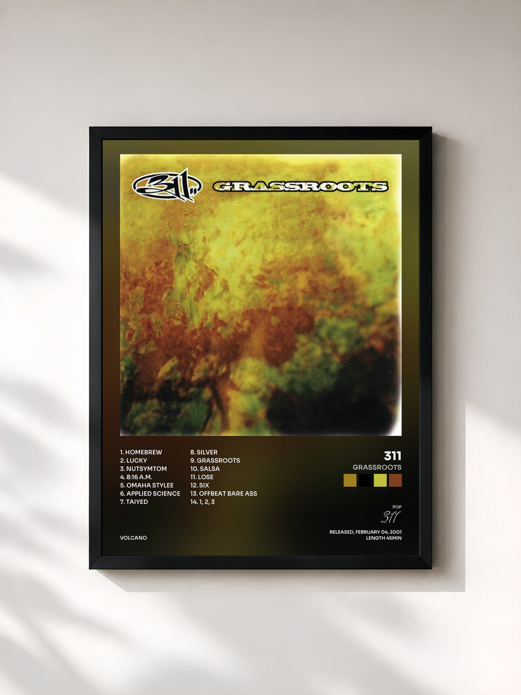 #noir Tableau de l'album Grassroots de 311, cadre noir, imprimé et encadré en France