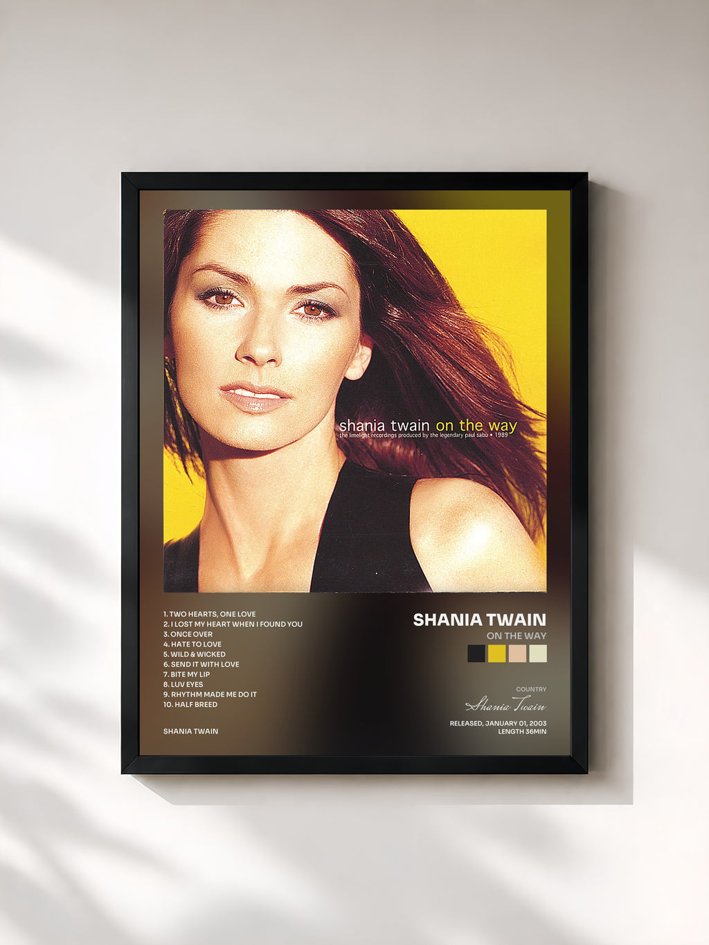 #noir Tableau de l'album On The Way de Shania Twain, cadre noir, imprimé et encadré en France