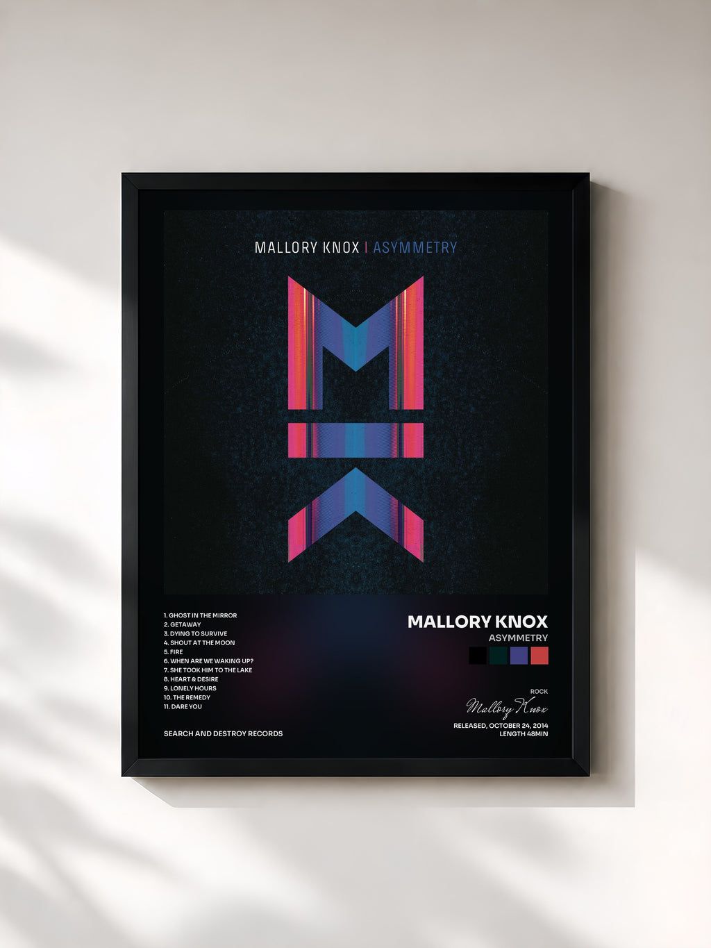 #noir Tableau de l'album Asymmetry de Mallory Knox, cadre noir, imprimé et encadré en France