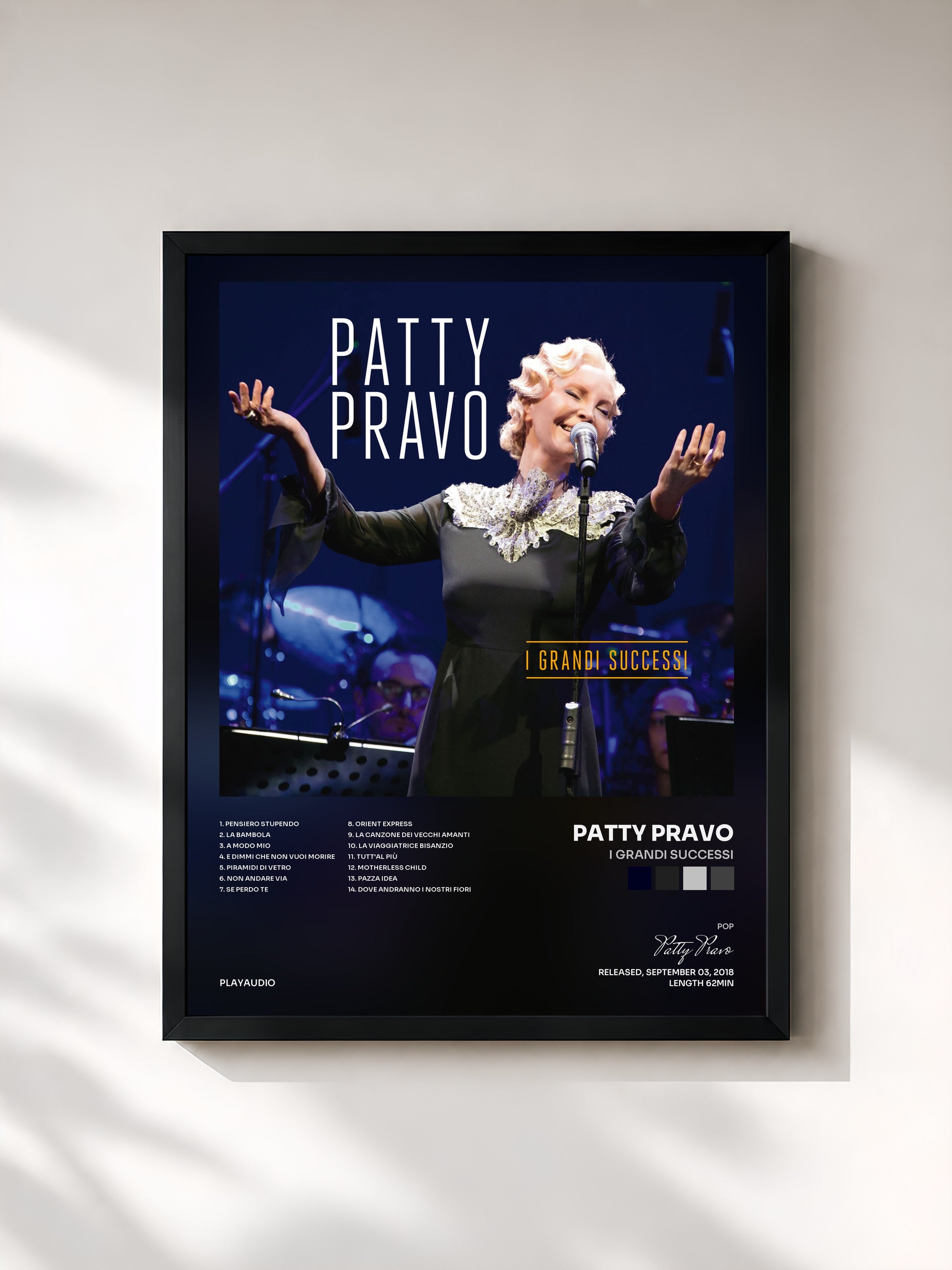 #noir Tableau de l'album I Grandi Successi de Patty Pravo, cadre noir, imprimé et encadré en France