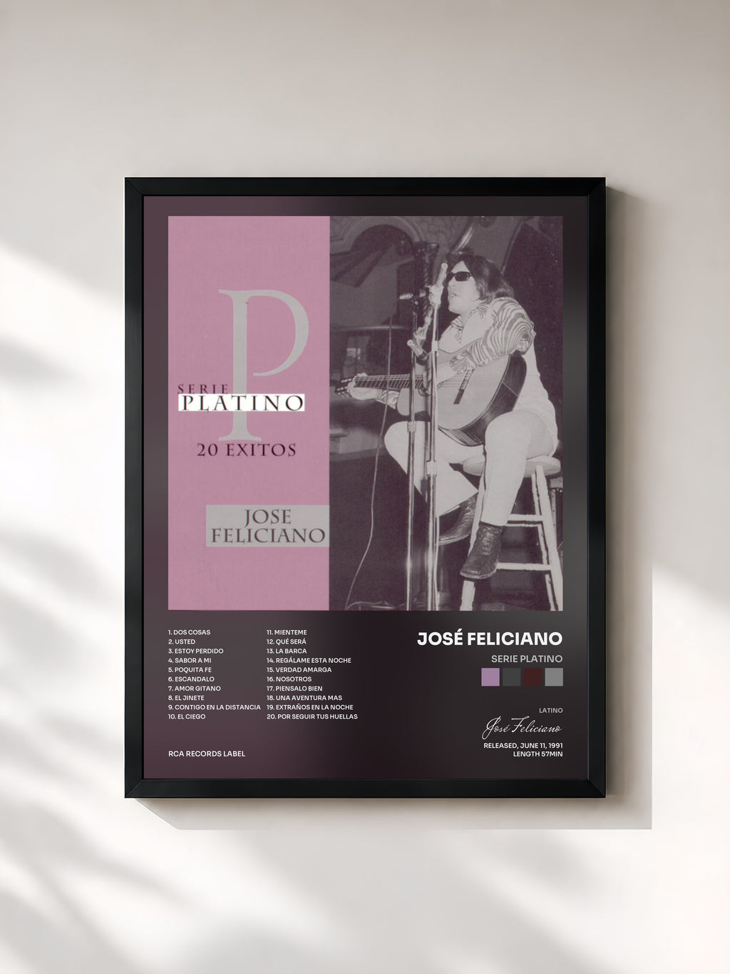 #noir Tableau de l'album Serie Platino de José Feliciano, cadre noir, imprimé et encadré en France