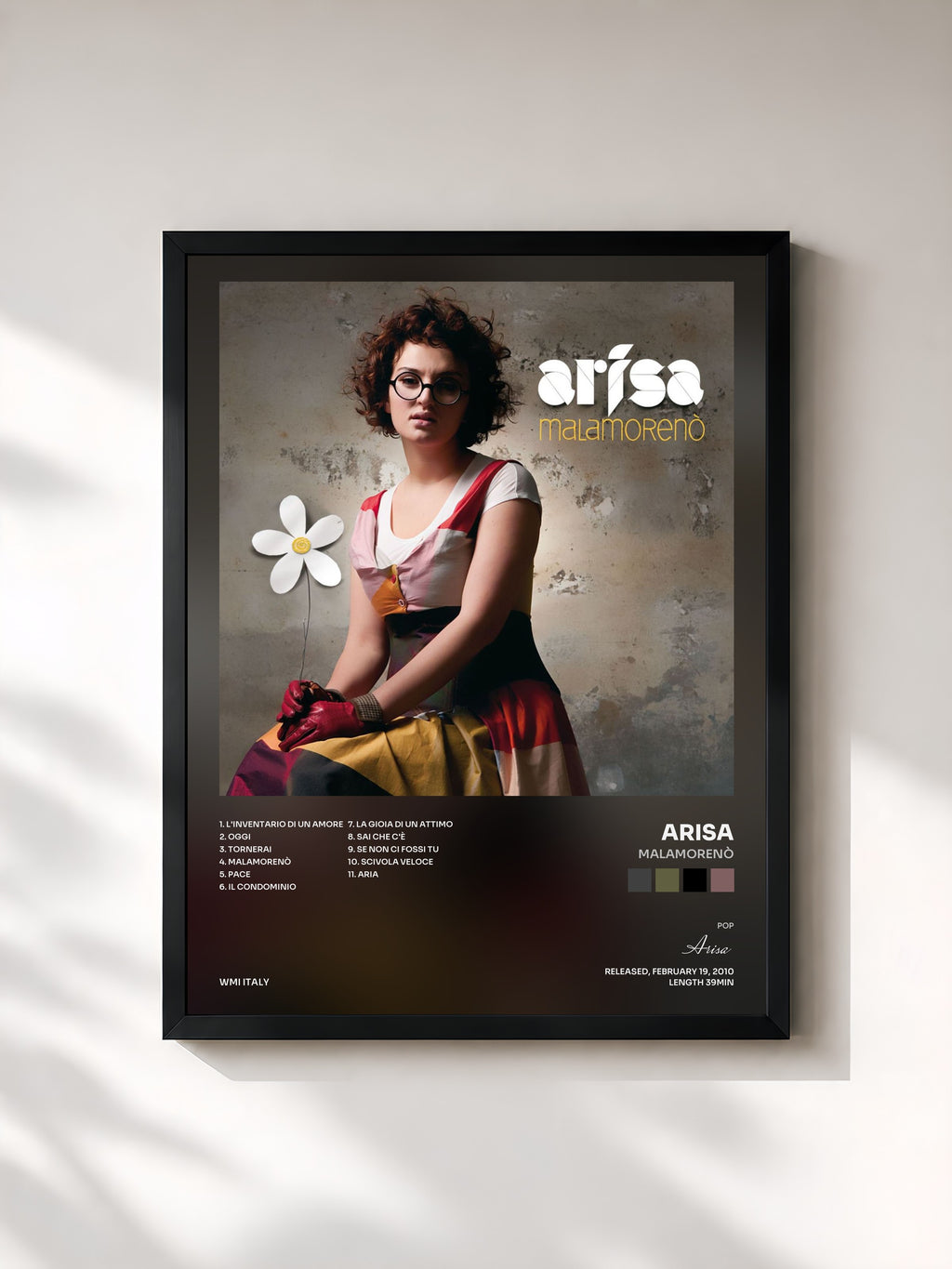 #noir Tableau de l'album Malamorenò de Arisa, cadre noir, imprimé et encadré en France