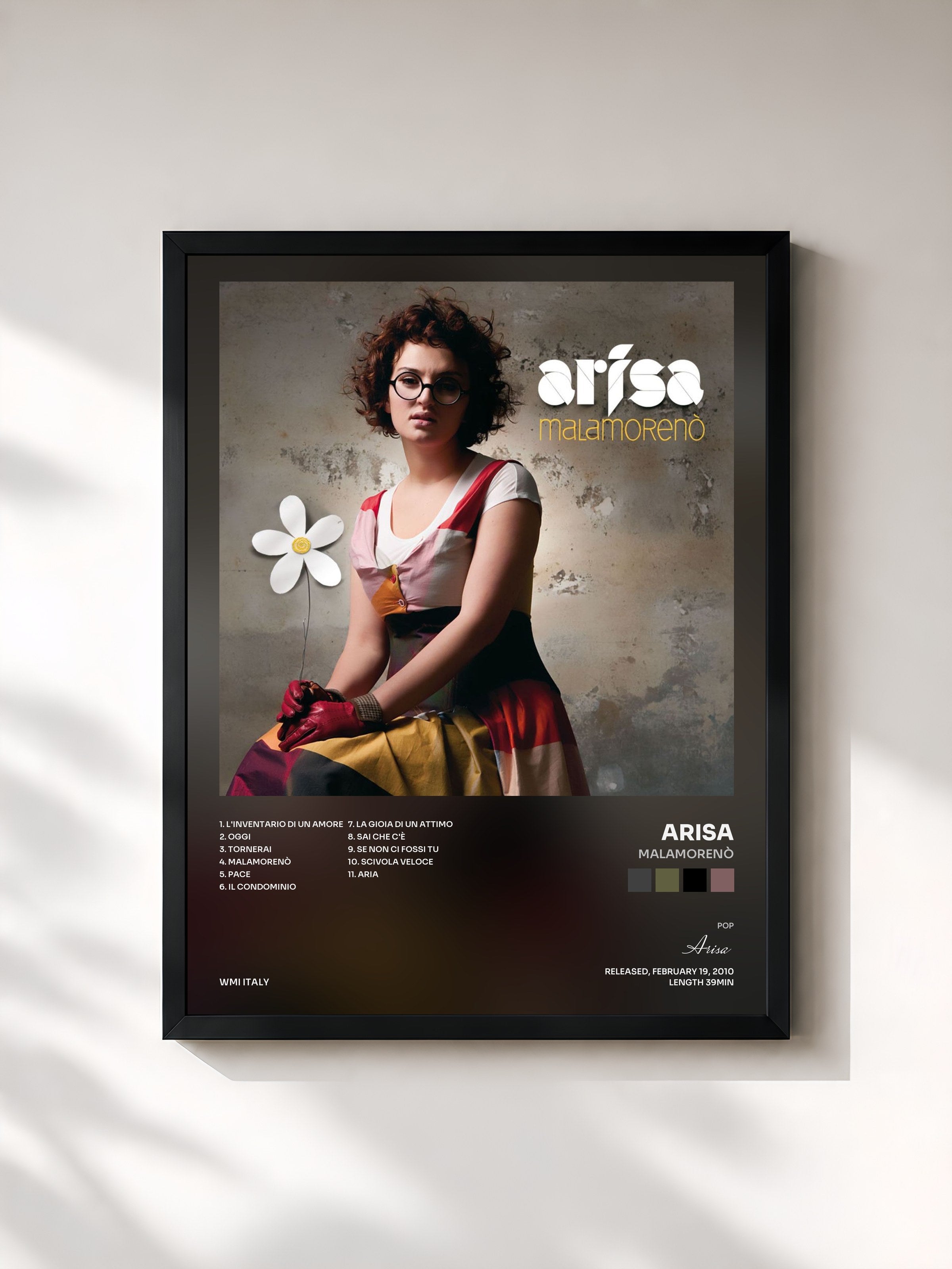 #noir Tableau de l'album Malamorenò de Arisa, cadre noir, imprimé et encadré en France