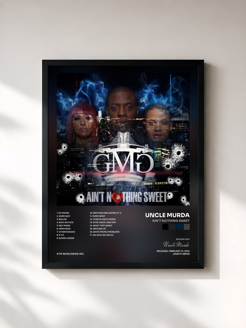 #noir Tableau de l'album Ain't Nothing Sweet de Uncle Murda, cadre noir, imprimé et encadré en France
