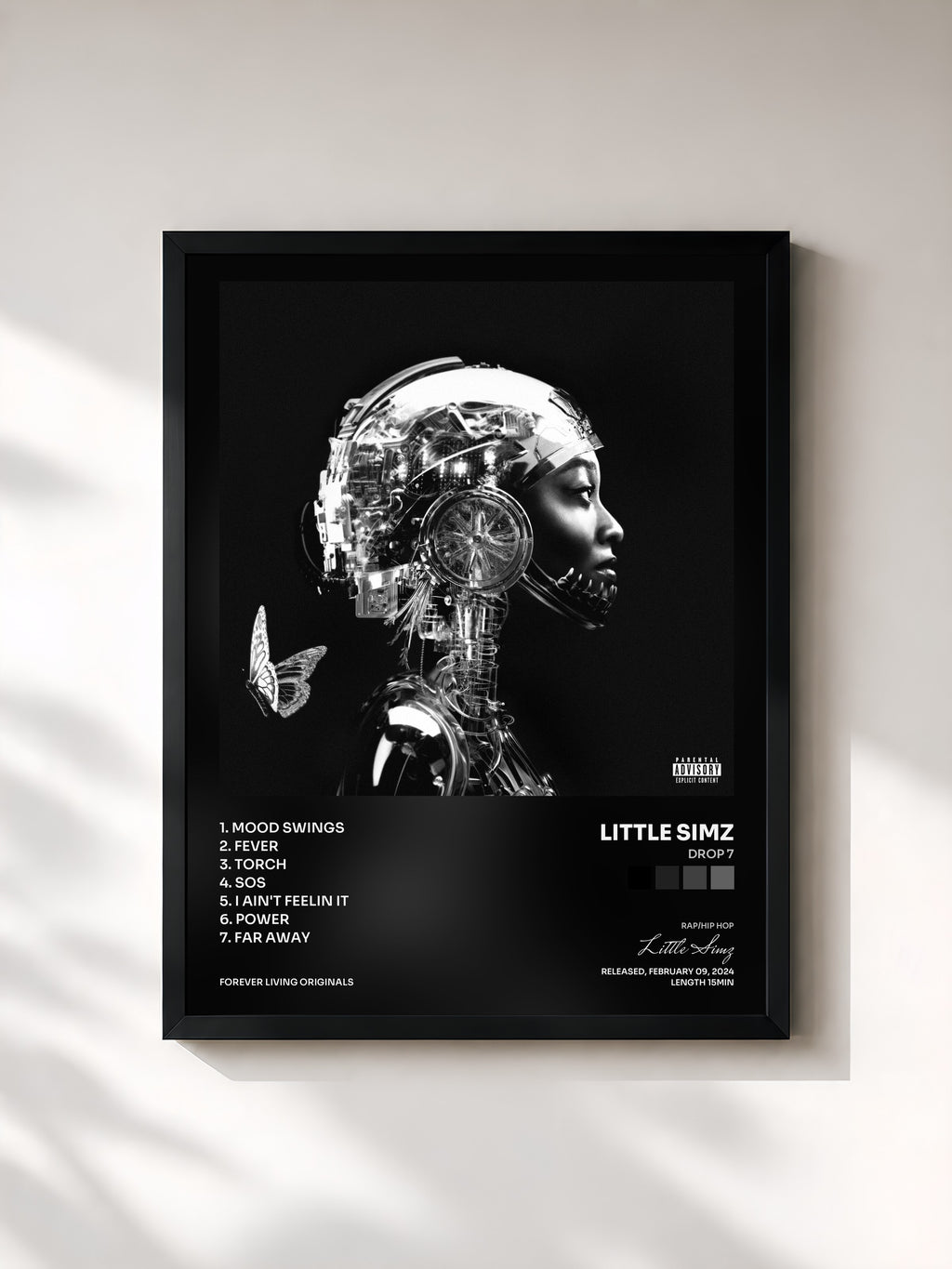 #noir Tableau de l'album Drop 7 de Little Simz, cadre noir, imprimé et encadré en France