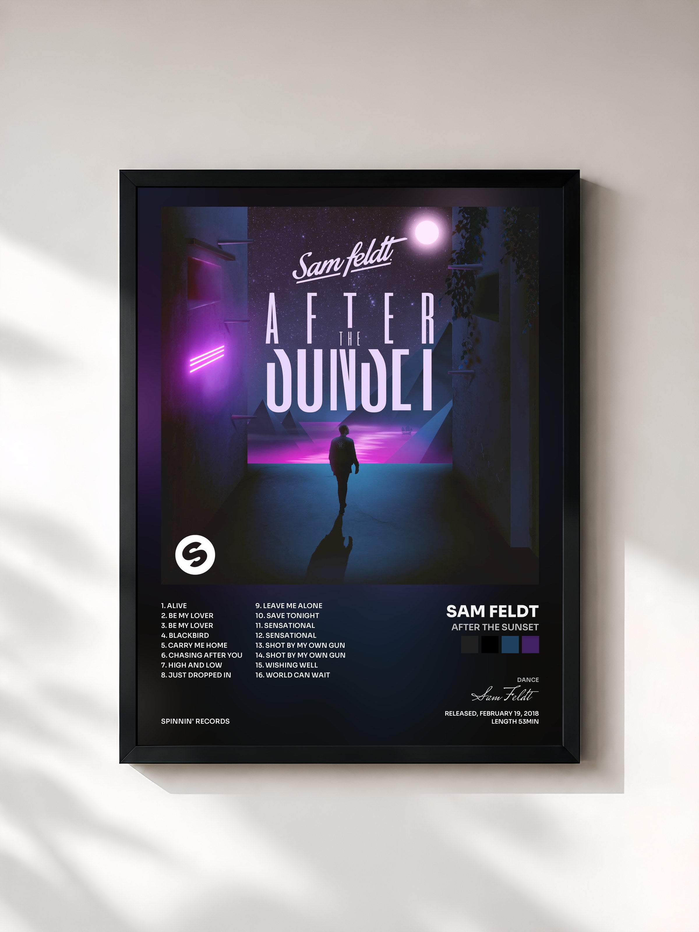 #noir Tableau de l'album After The Sunset de Sam Feldt, cadre noir, imprimé et encadré en France