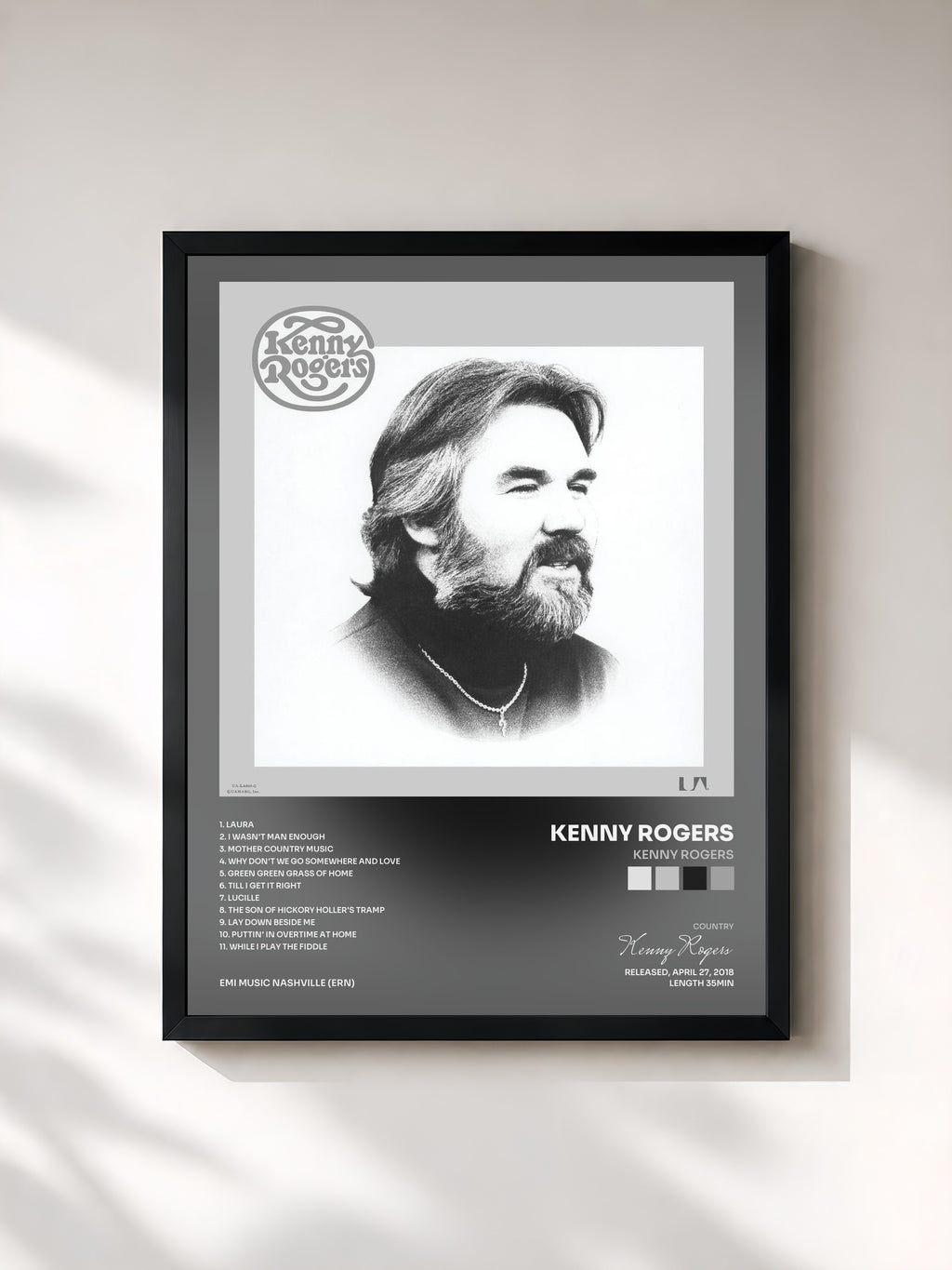 #noir Tableau de l'album Kenny Rogers de Kenny Rogers, cadre noir, imprimé et encadré en France