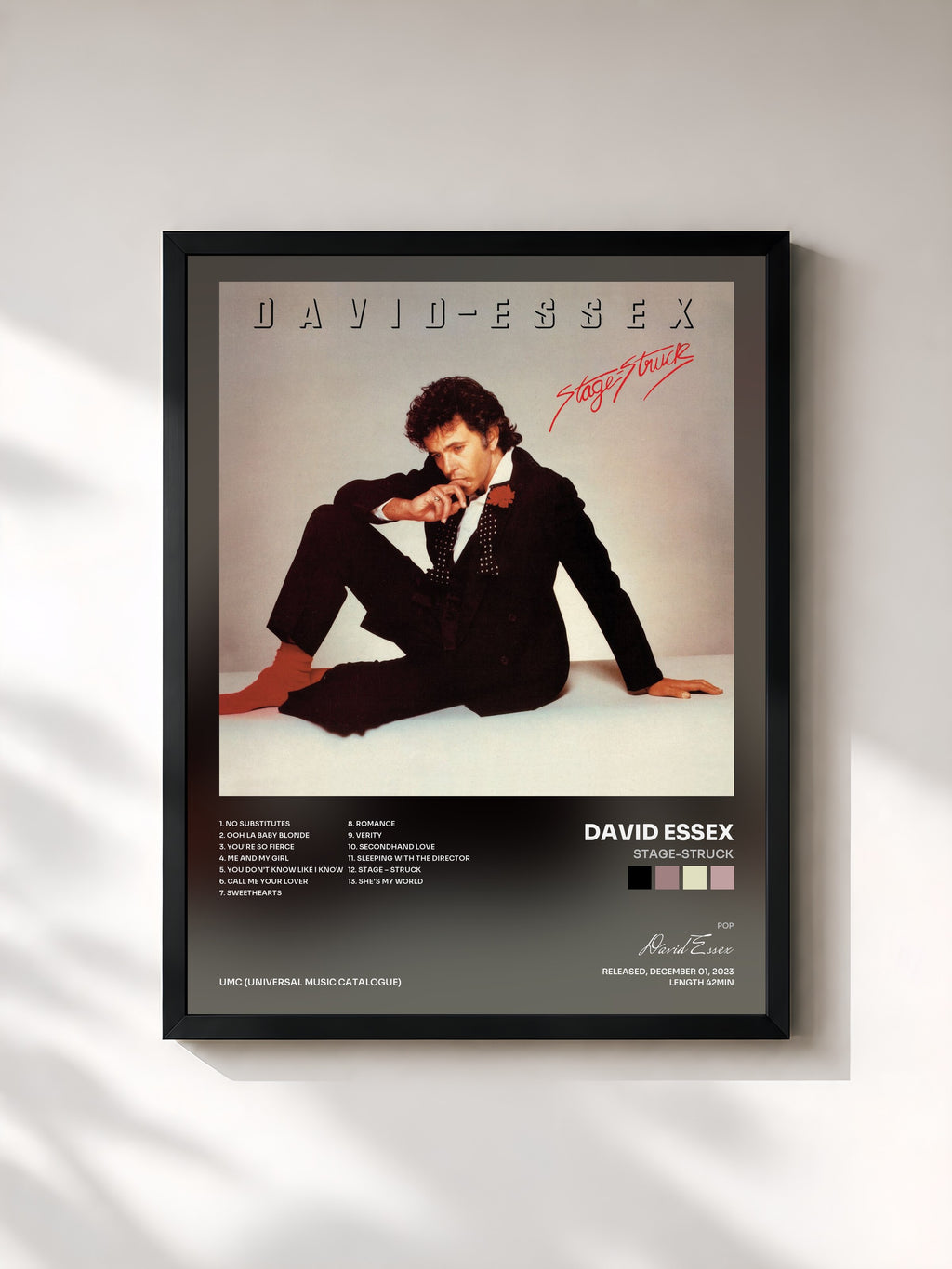 #noir Tableau de l'album Stage-Struck de David Essex, cadre noir, imprimé et encadré en France