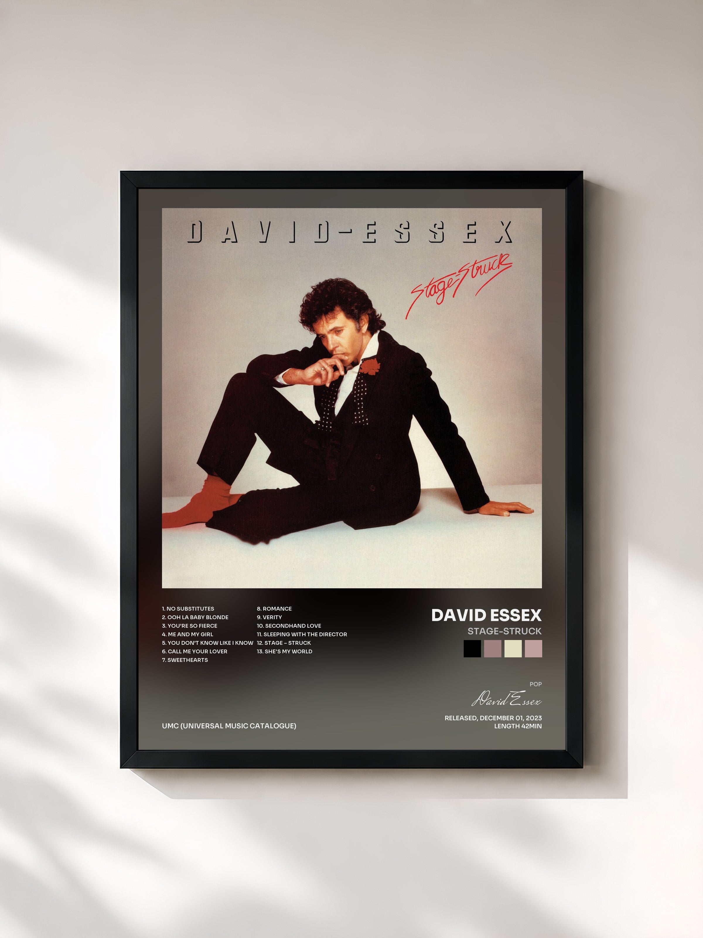 #noir Tableau de l'album Stage-Struck de David Essex, cadre noir, imprimé et encadré en France