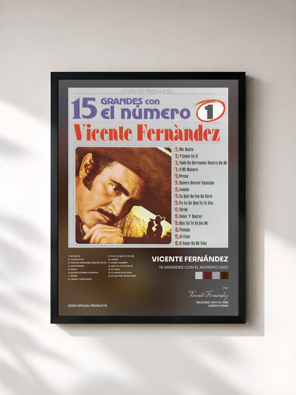 #noir Tableau de l'album 15 Grandes Con El Número Uno de Vicente Fernández, cadre noir, imprimé et encadré en France