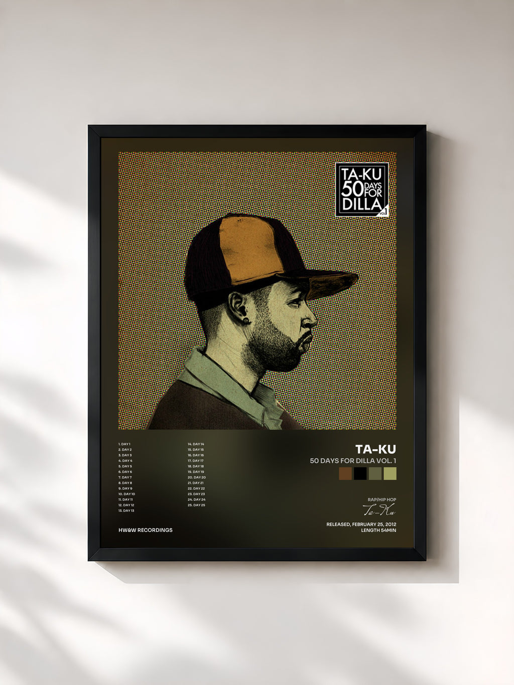 #noir Tableau de l'album 50 Days For Dilla Vol. 1 de Ta-Ku, cadre noir, imprimé et encadré en France