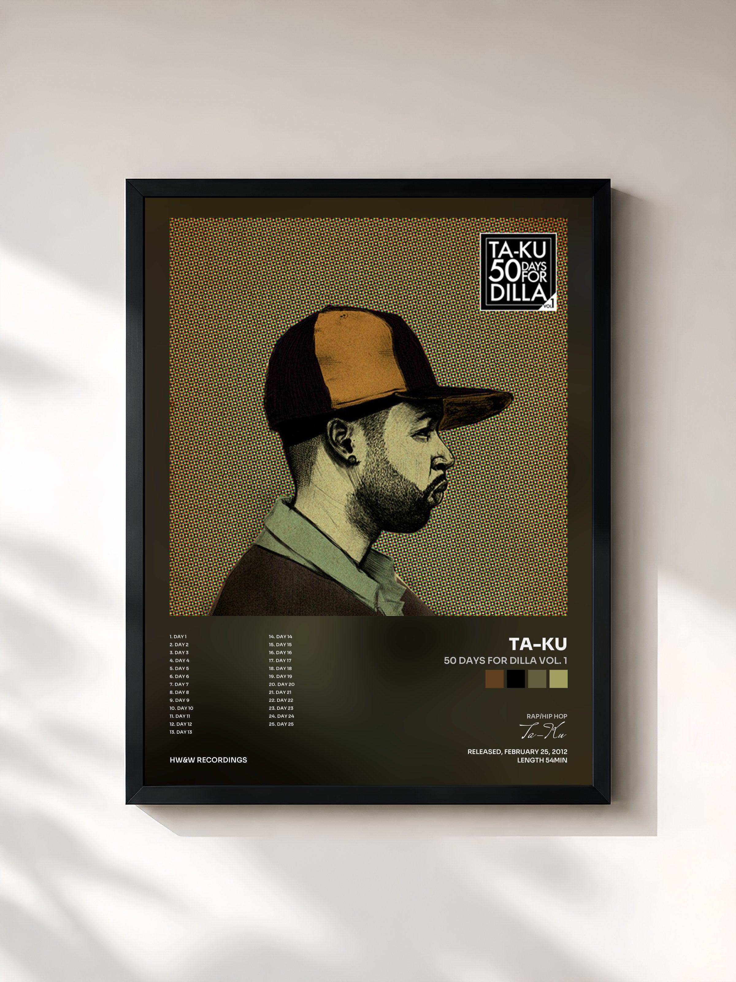 #noir Tableau de l'album 50 Days For Dilla Vol. 1 de Ta-Ku, cadre noir, imprimé et encadré en France
