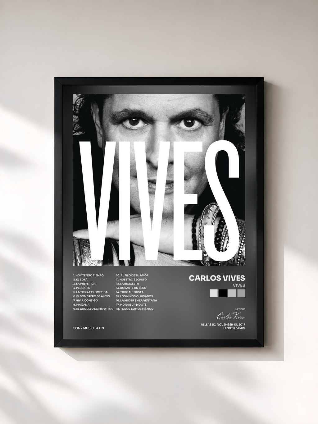 #noir Tableau de l'album VIVES de Carlos Vives, cadre noir, imprimé et encadré en France