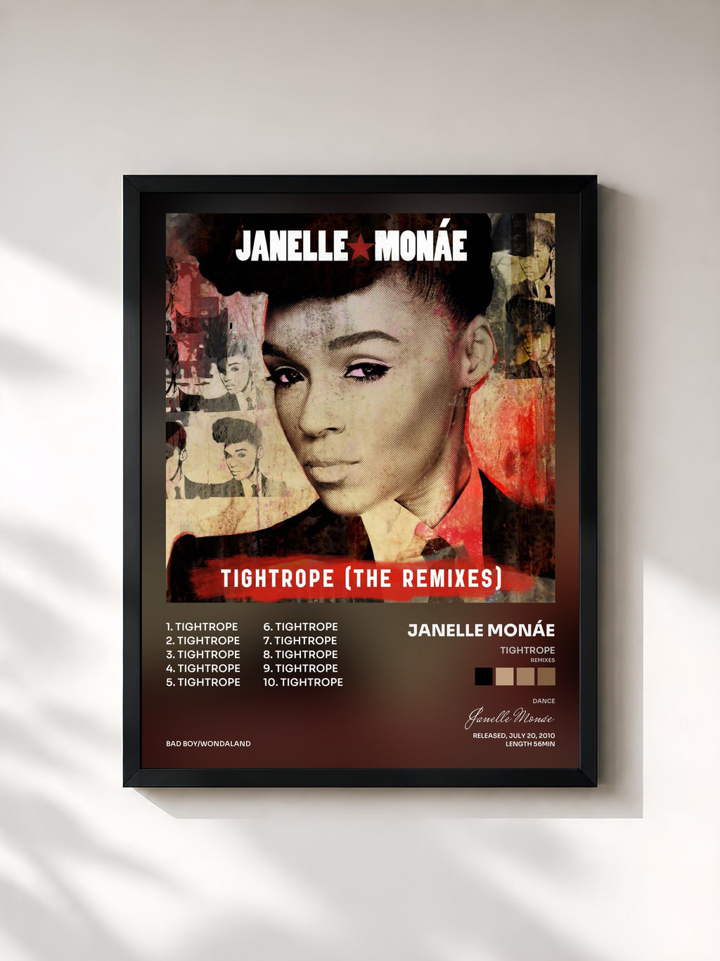 #noir Tableau de l'album Tightrope (Remixes) de Janelle Monáe, cadre noir, imprimé et encadré en France