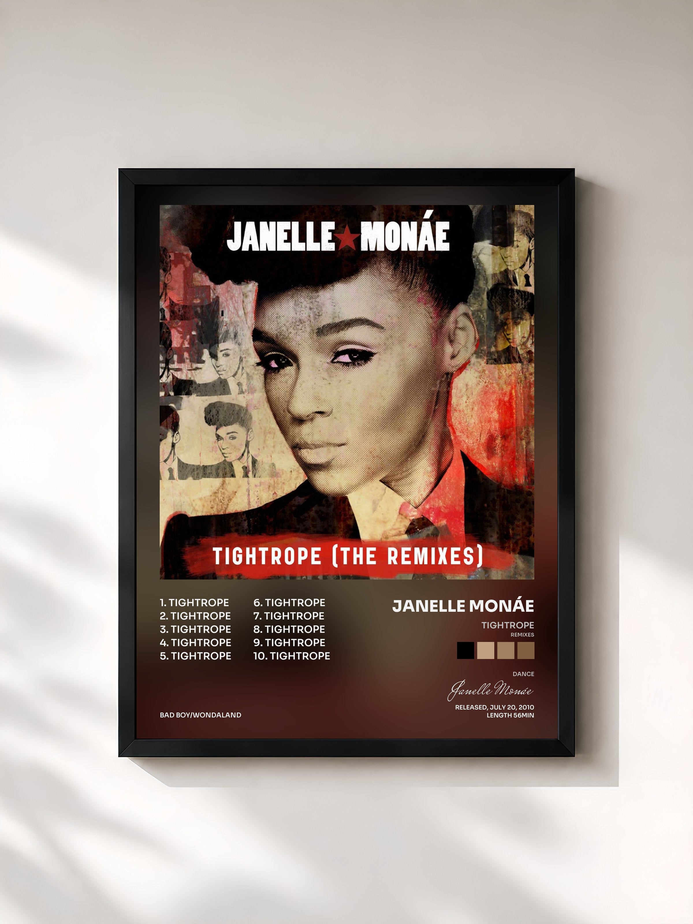 #noir Tableau de l'album Tightrope (Remixes) de Janelle Monáe, cadre noir, imprimé et encadré en France