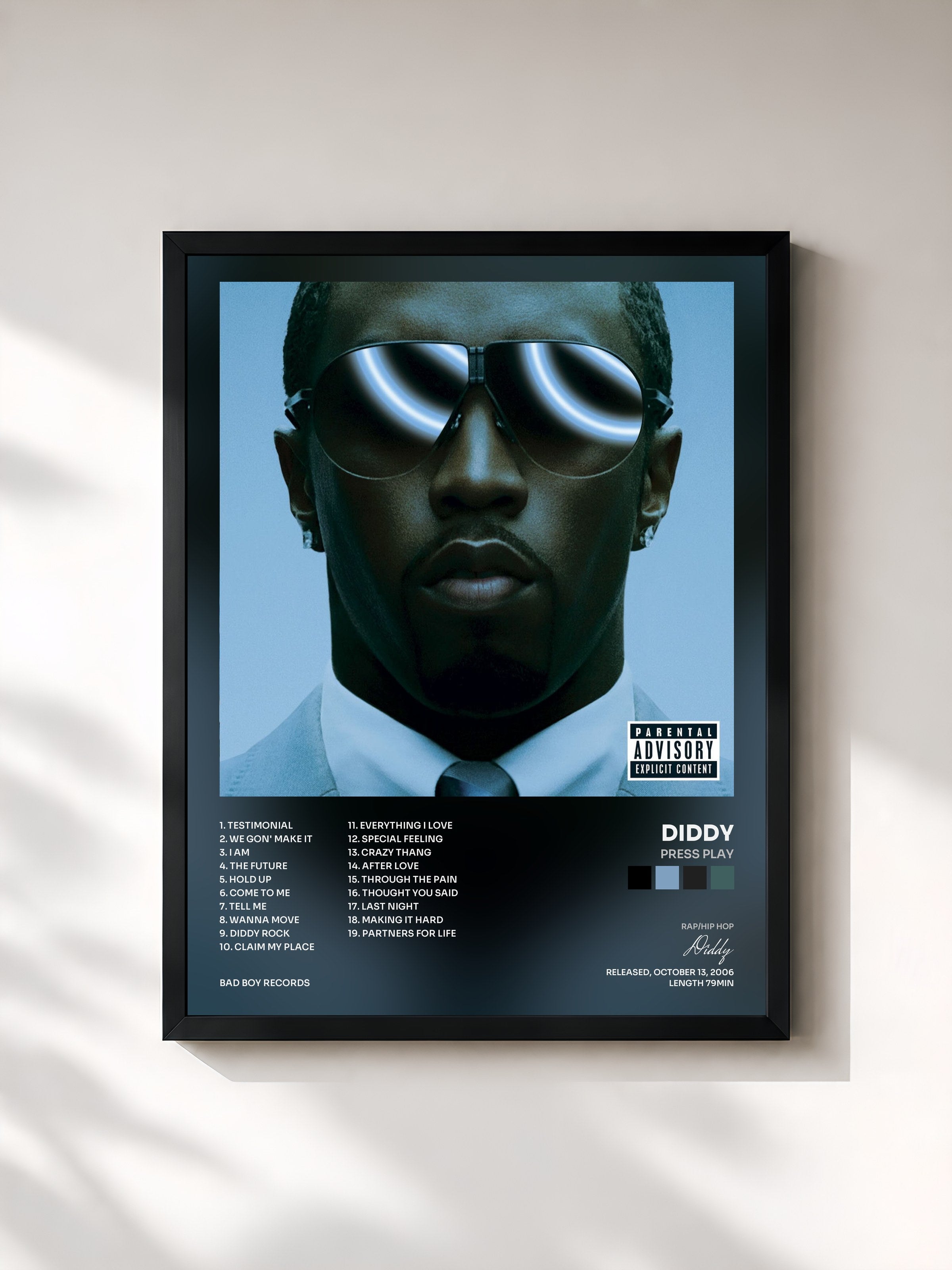 #noir Tableau de l'album Press Play de Diddy, cadre noir, imprimé et encadré en France