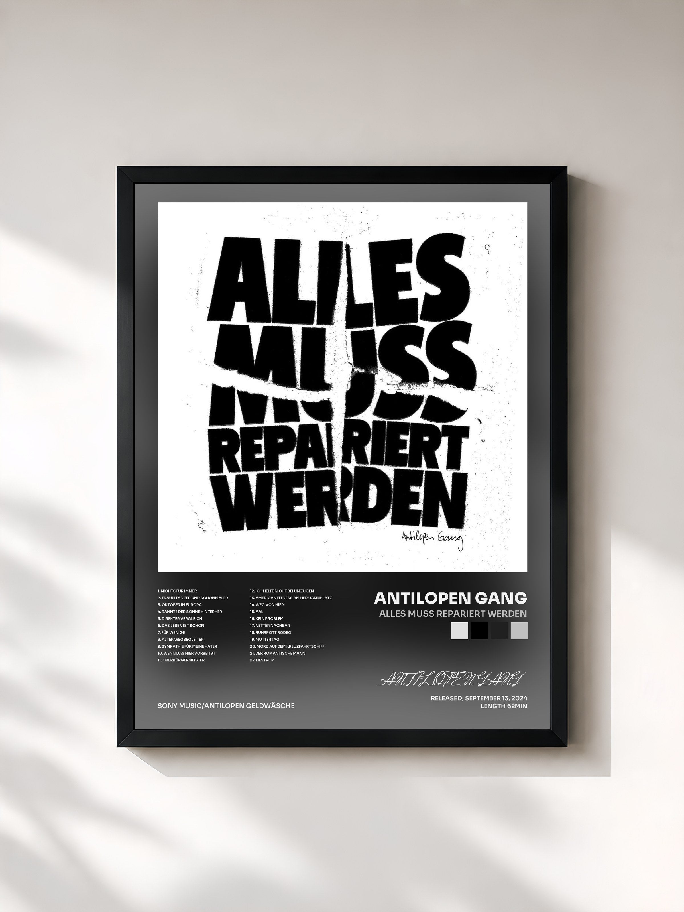 #noir Tableau de l'album Alles muss repariert werden de ANTILOPEN GANG, cadre noir, imprimé et encadré en France