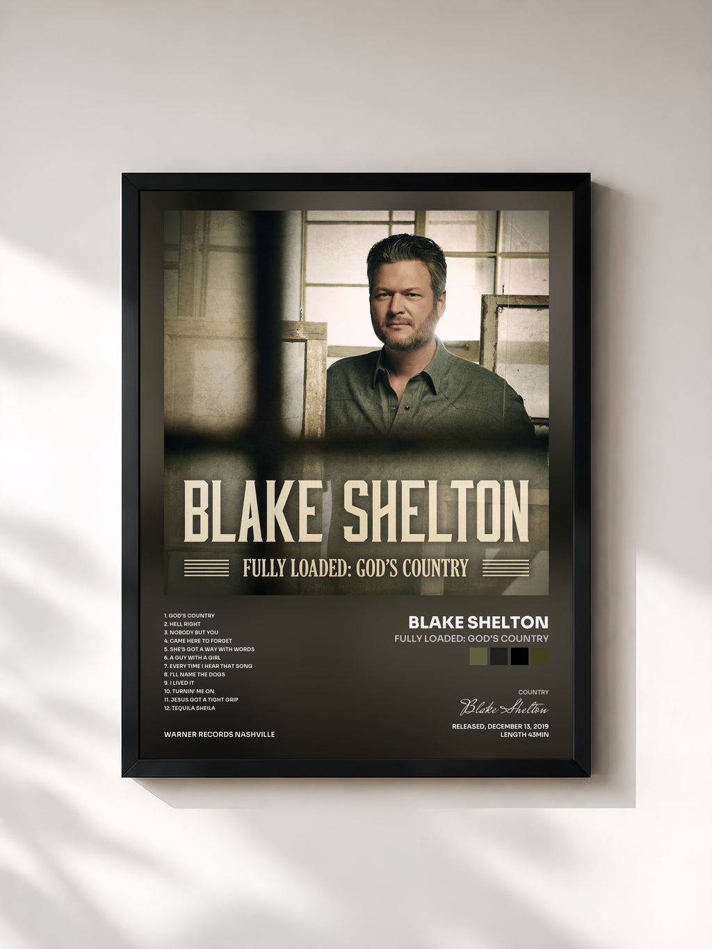 #noir Tableau de l'album Fully Loaded: God's Country de Blake Shelton, cadre noir, imprimé et encadré en France