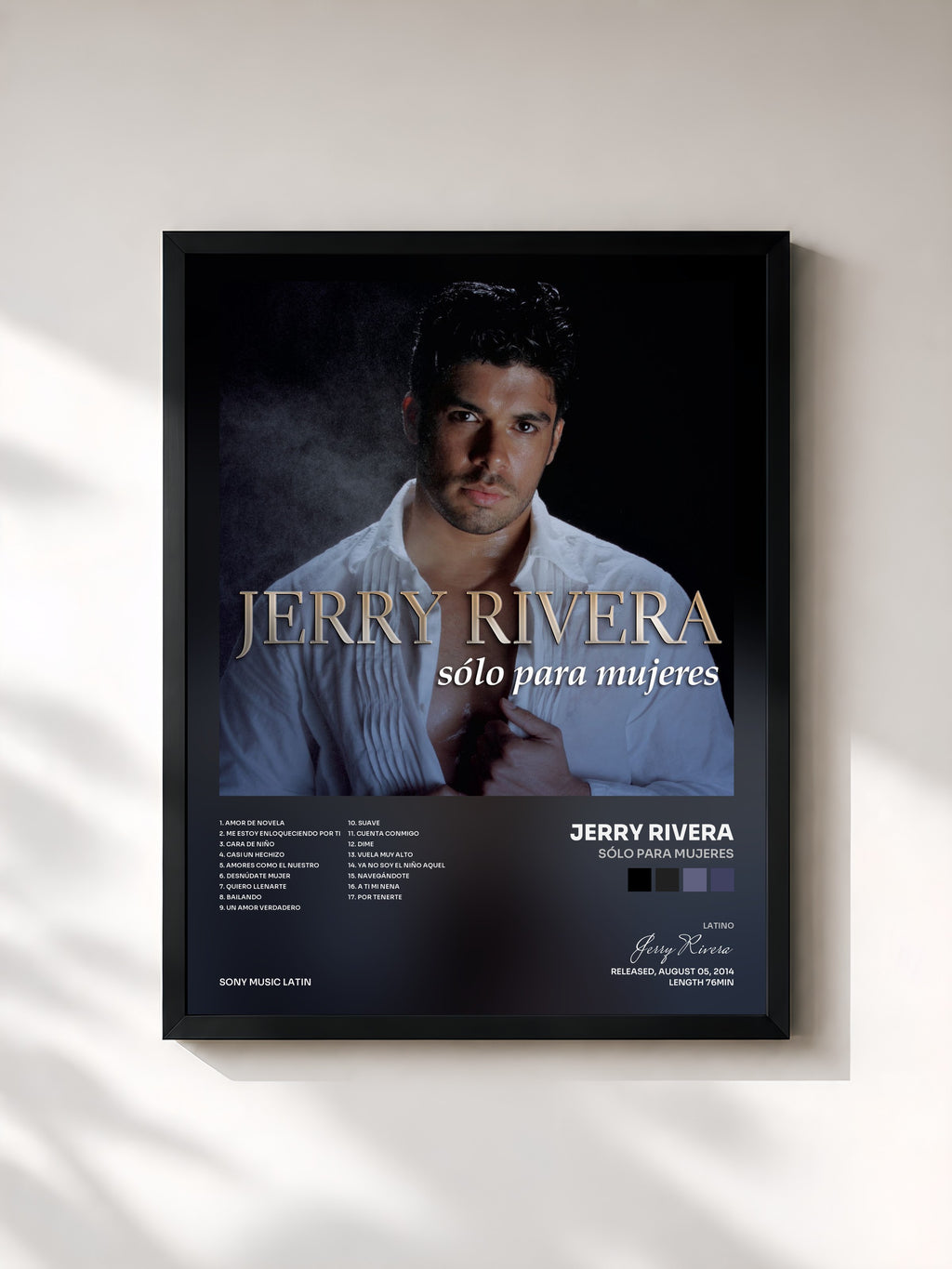 #noir Tableau de l'album Sólo para Mujeres de Jerry Rivera, cadre noir, imprimé et encadré en France