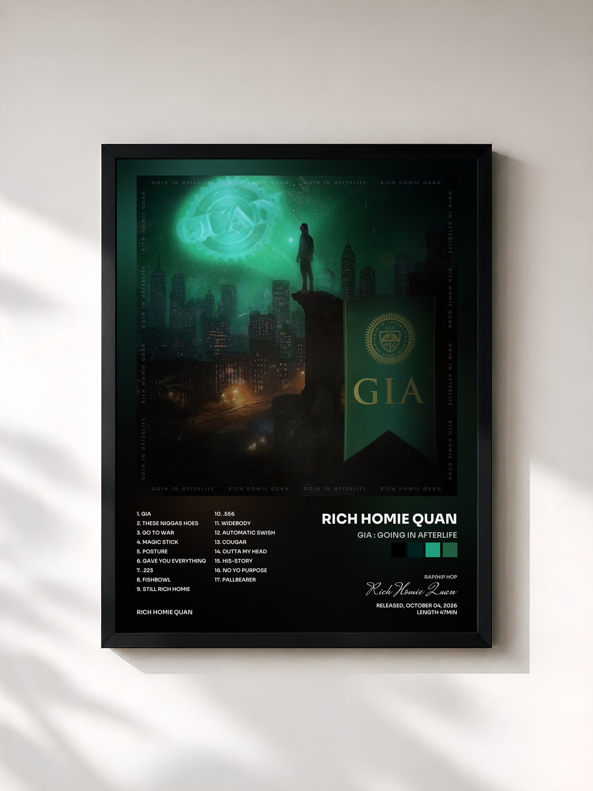 #noir Tableau de l'album GIA : Going In Afterlife de Rich Homie Quan, cadre noir, imprimé et encadré en France