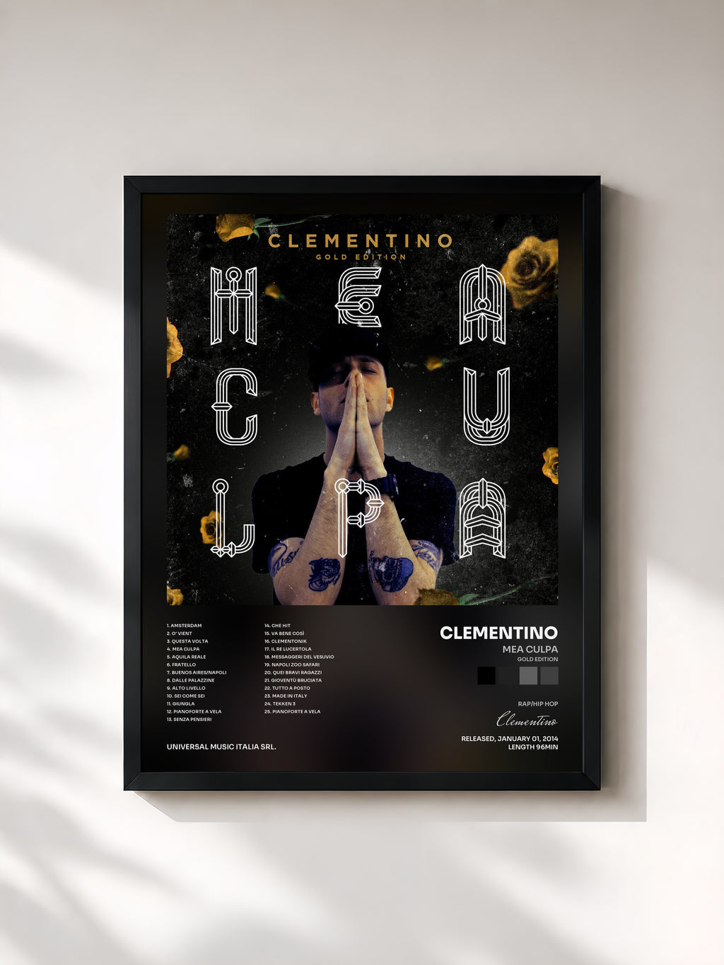 #noir Tableau de l'album Mea Culpa (Gold Edition) de Clementino, cadre noir, imprimé et encadré en France